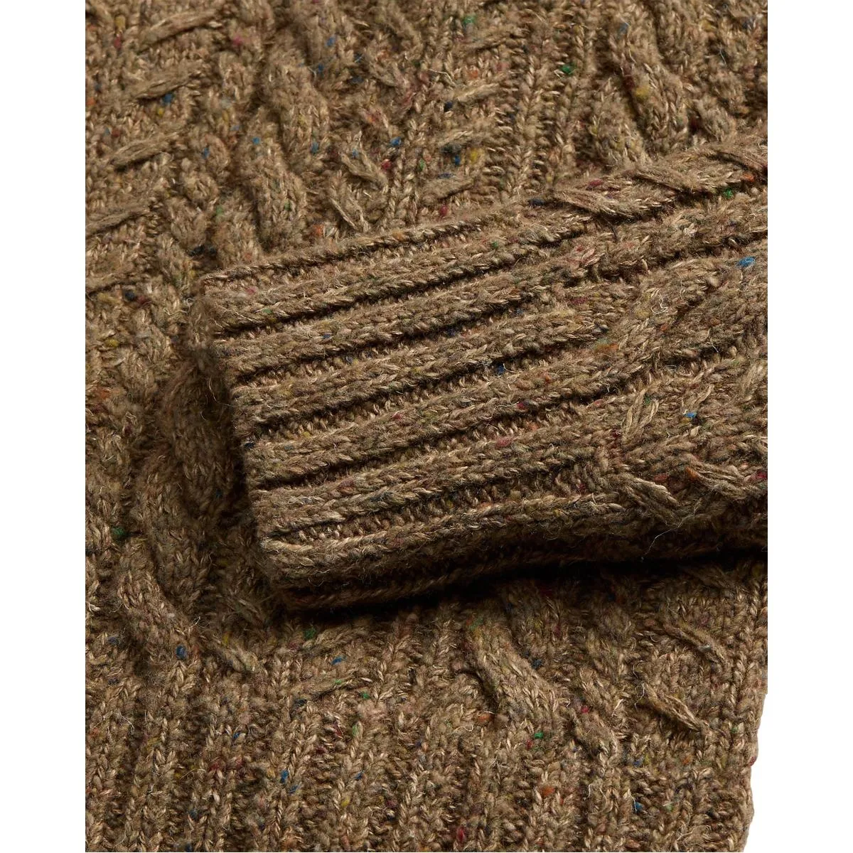 Aran-Knit Shawl-Collar Sweater Brown Heather