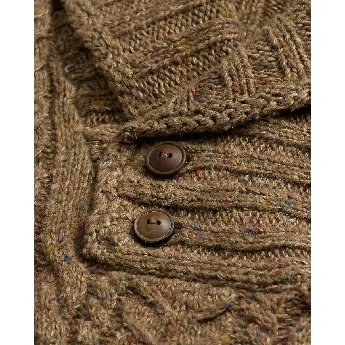 Aran-Knit Shawl-Collar Sweater Brown Heather