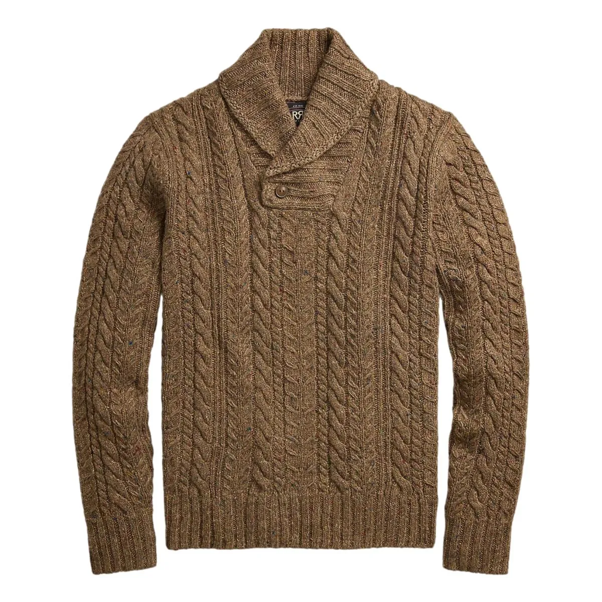 Aran-Knit Shawl-Collar Sweater Brown Heather