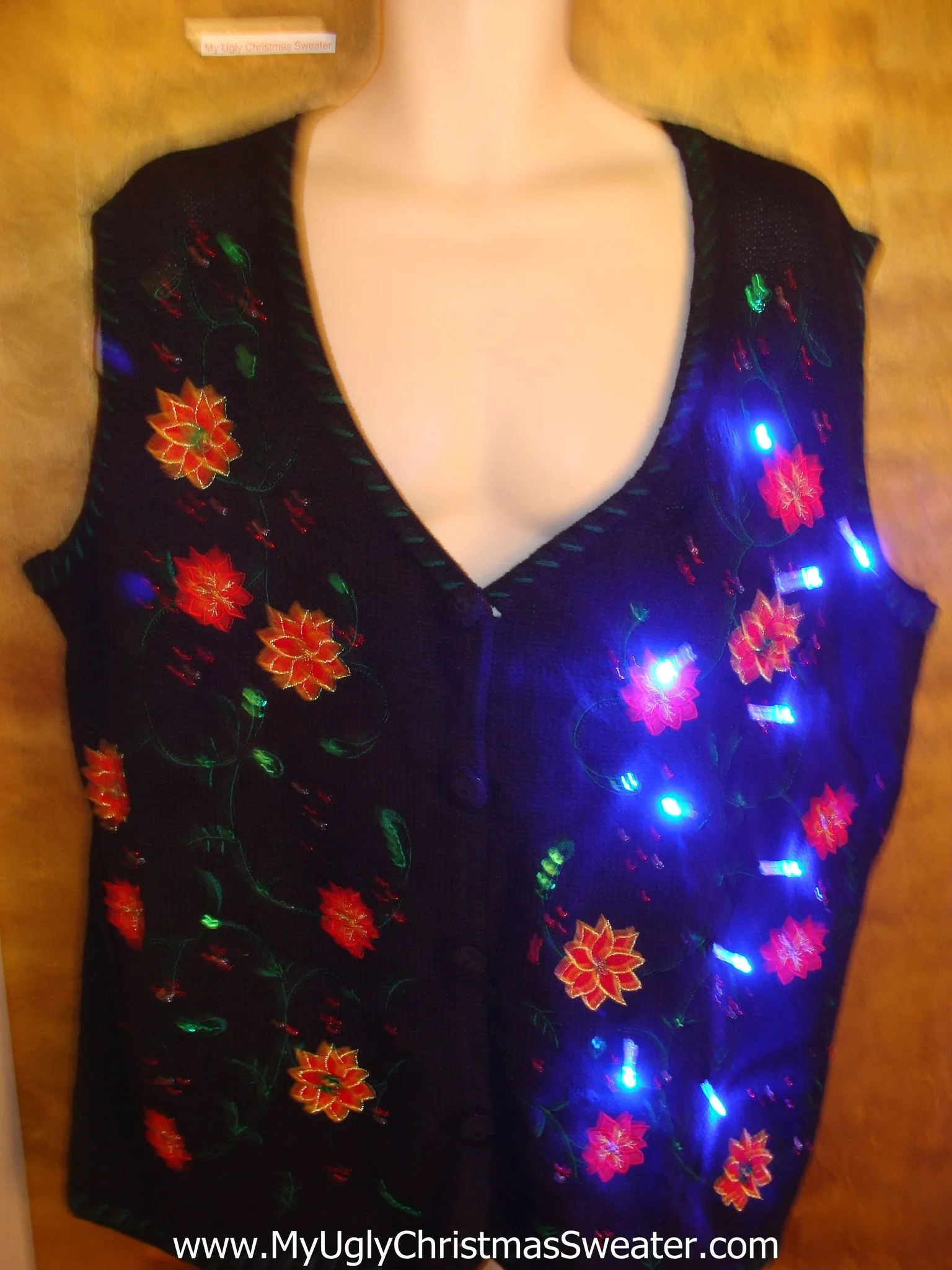 Big Size Poinsettia 2sided Light Up Ugly Xmas Sweater Vest