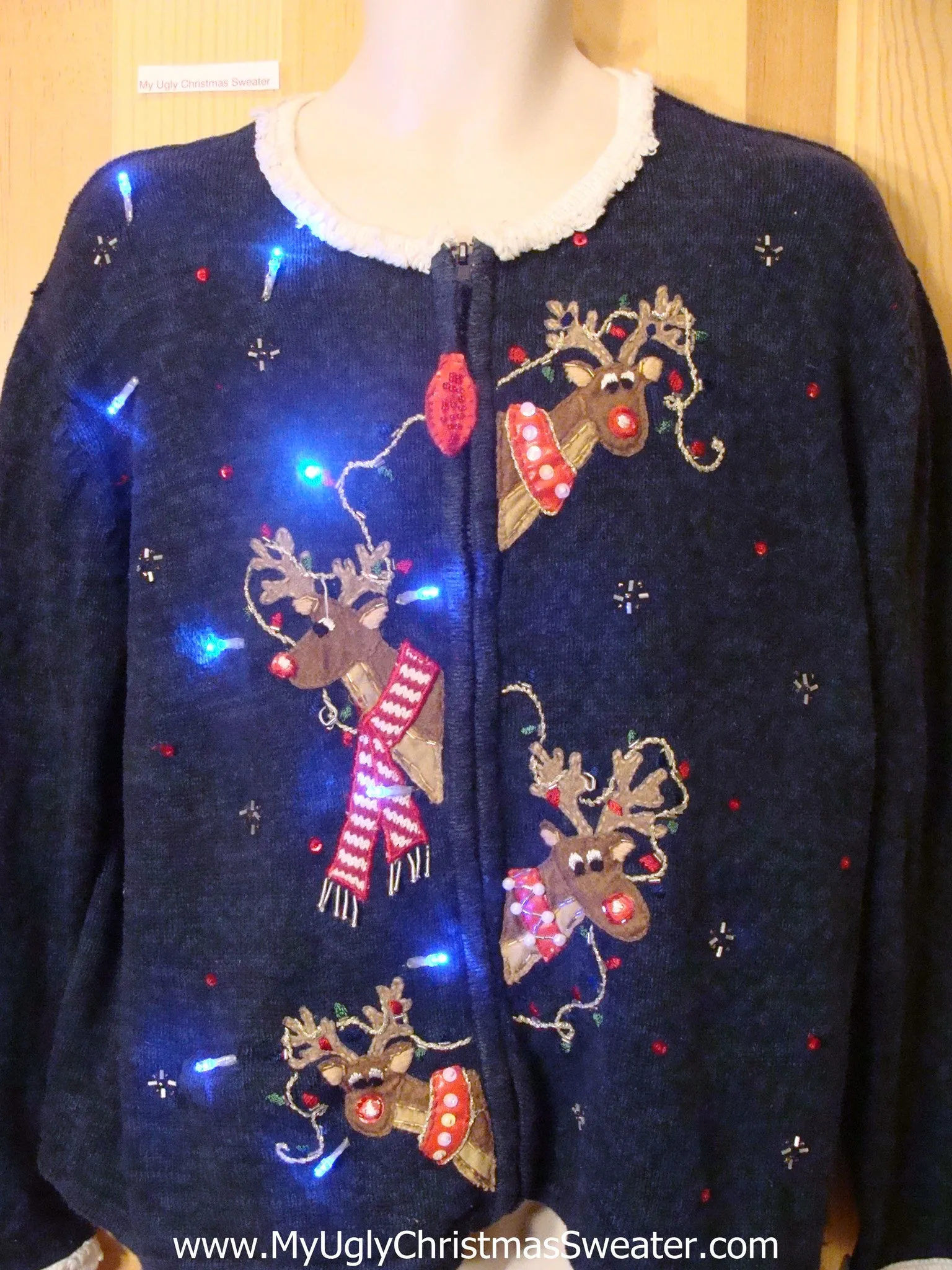 Blue Light Up Ugly Xmas Sweater Four Festive Reindeer