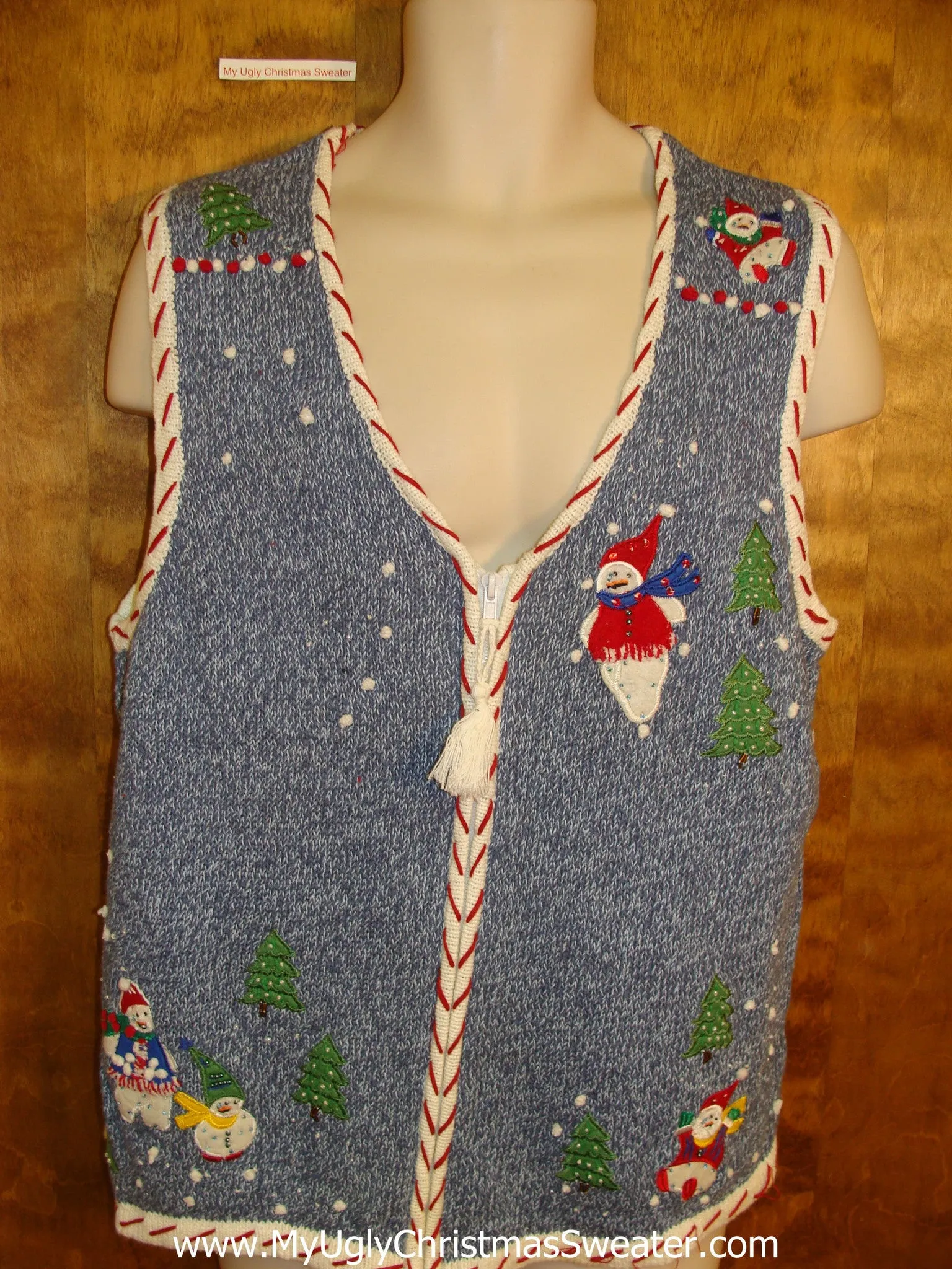 Blue Ugliest Christmas Sweater Vest with Candycane Trim