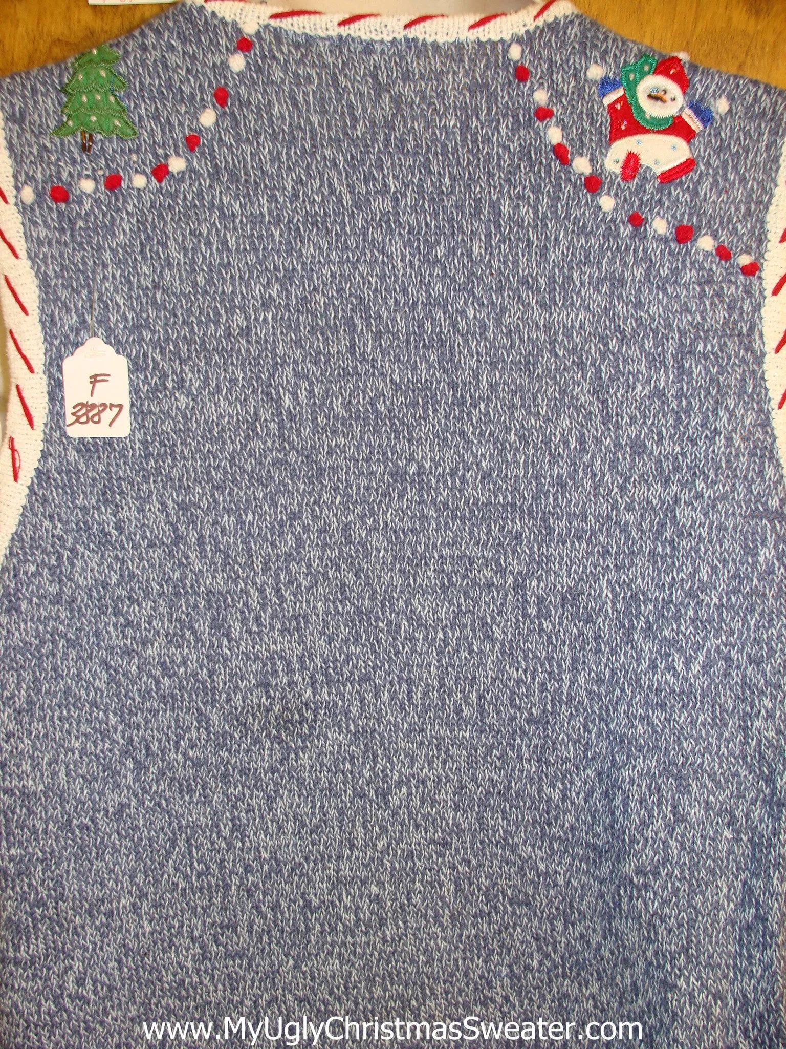 Blue Ugliest Christmas Sweater Vest with Candycane Trim