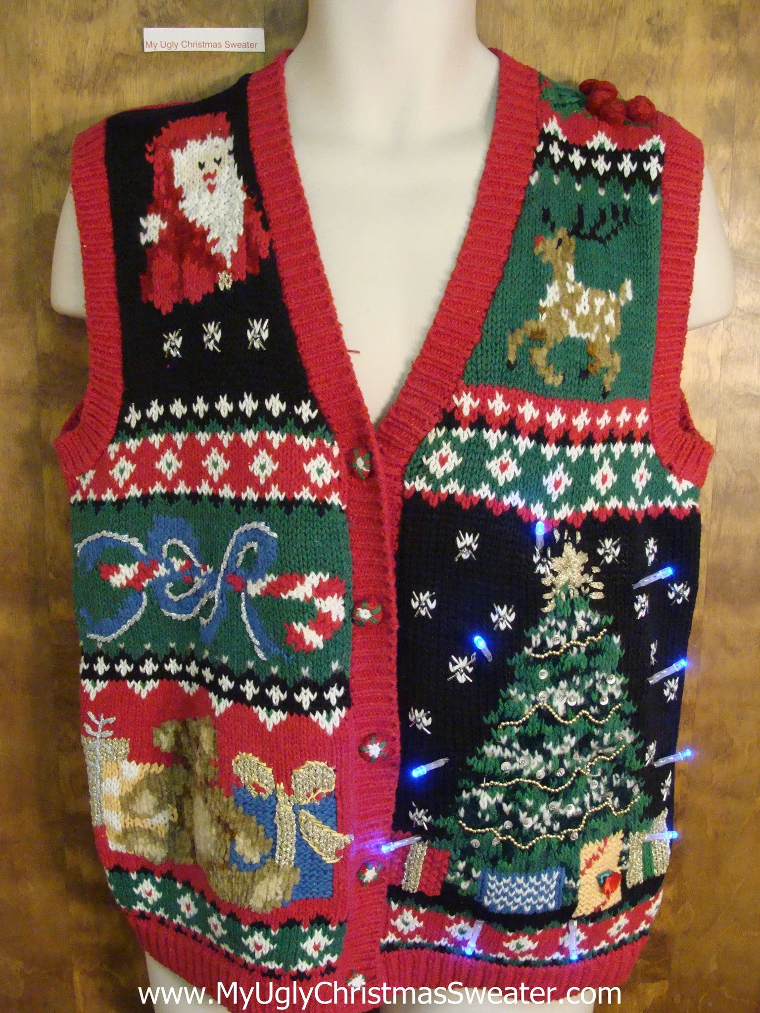 Busy 80s Light Up Ugly Xmas Sweater Vest with Tree