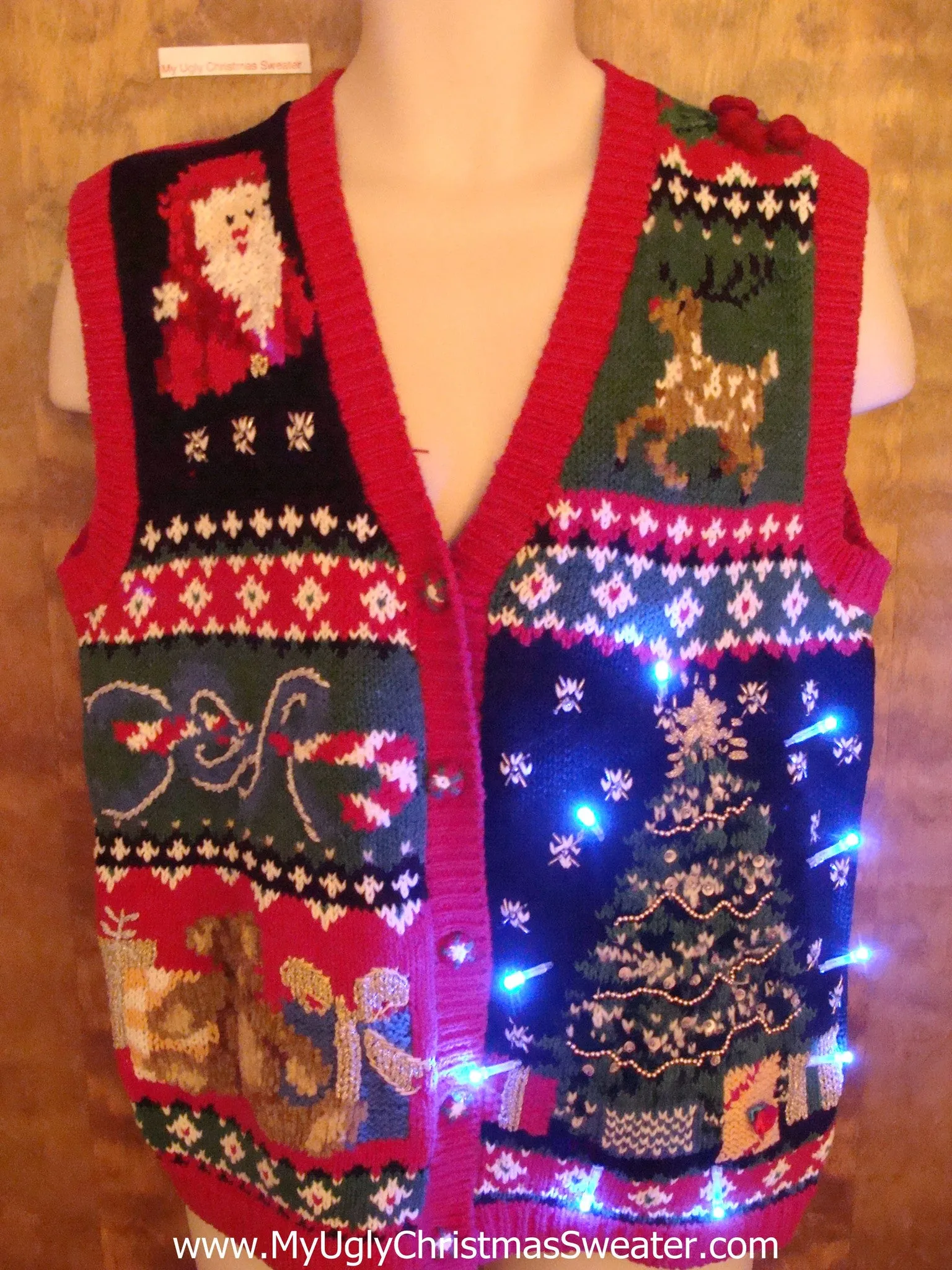 Busy 80s Light Up Ugly Xmas Sweater Vest with Tree