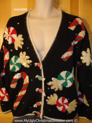 Candy Themed Tacky 80s Ugly Christmas Sweater Cardigan with Super Sized Candy and Candy Canes on Front, Back, and Sleeves (f780)