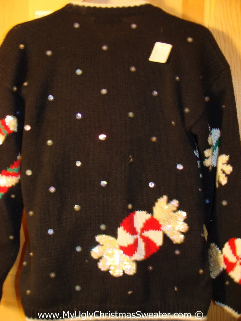 Candy Themed Tacky 80s Ugly Christmas Sweater Cardigan with Super Sized Candy and Candy Canes on Front, Back, and Sleeves (f780)