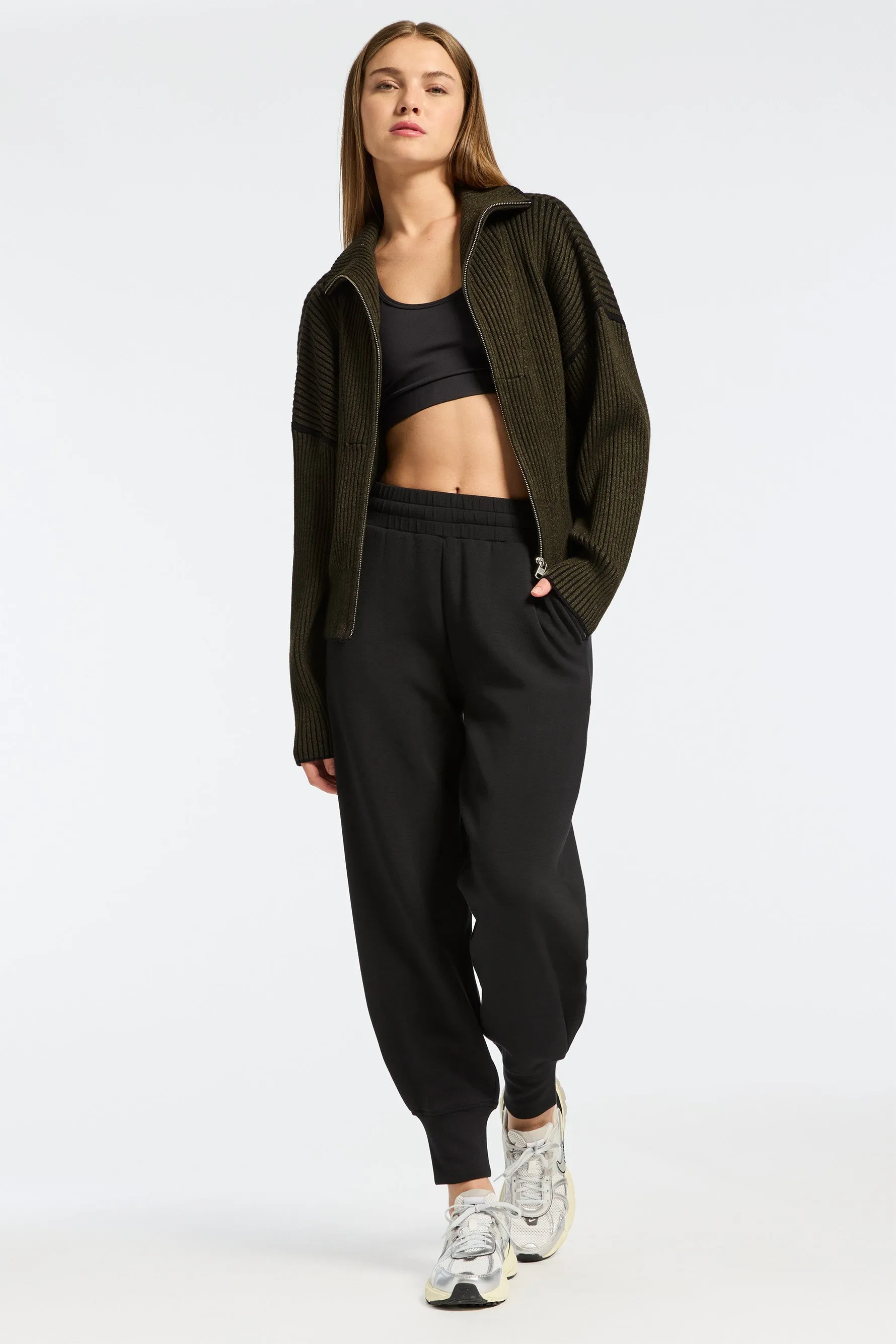 Carmen Rib Knit Zip Through - Dark Olive