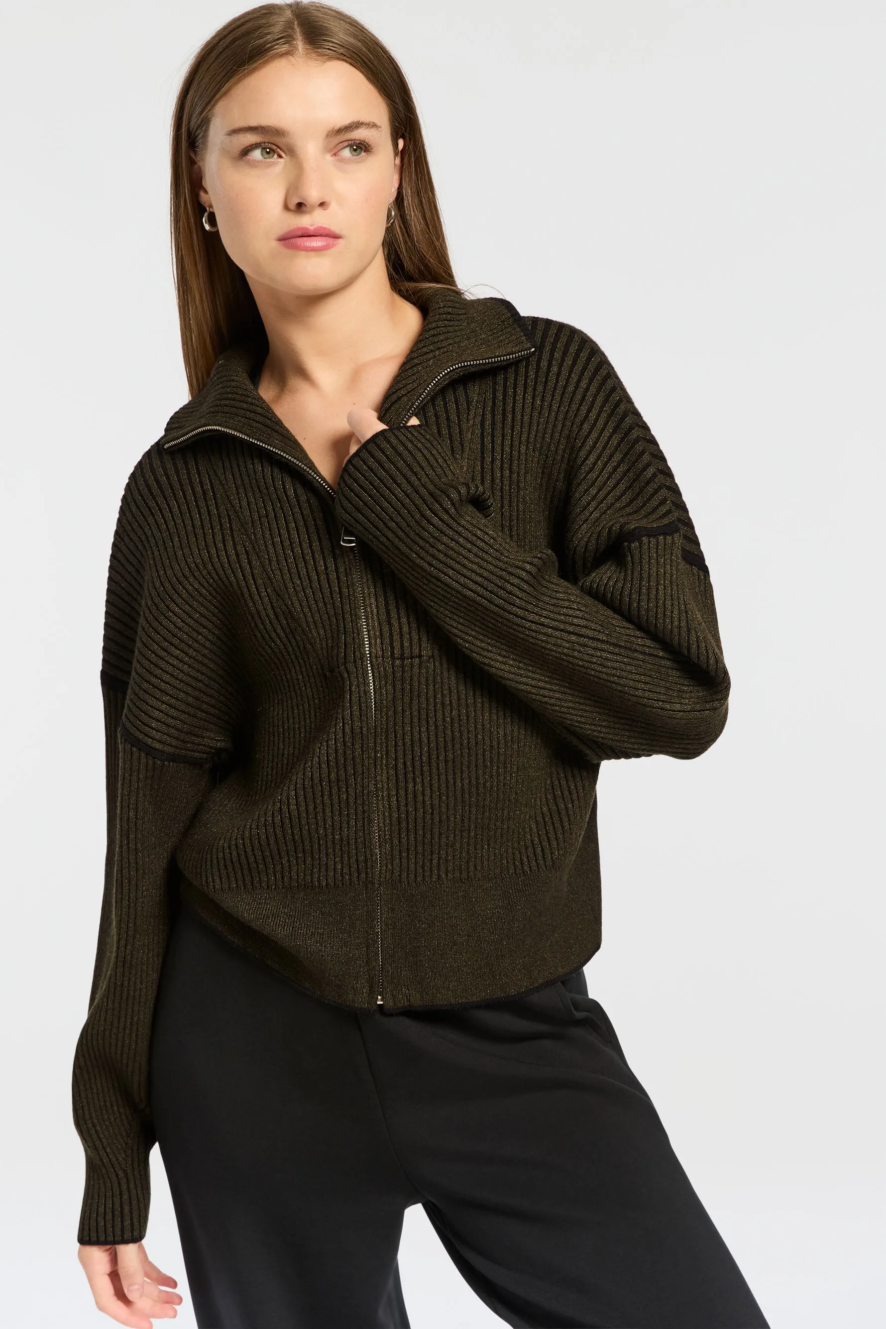 Carmen Rib Knit Zip Through - Dark Olive