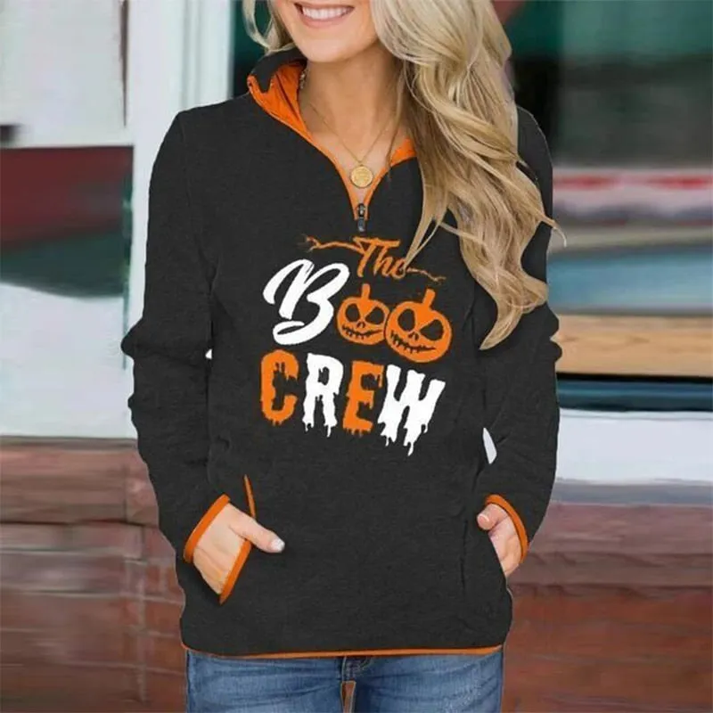 Casual Stand Collar Zip Long Sleeve Skull Print Cute Sweatshirts For Women