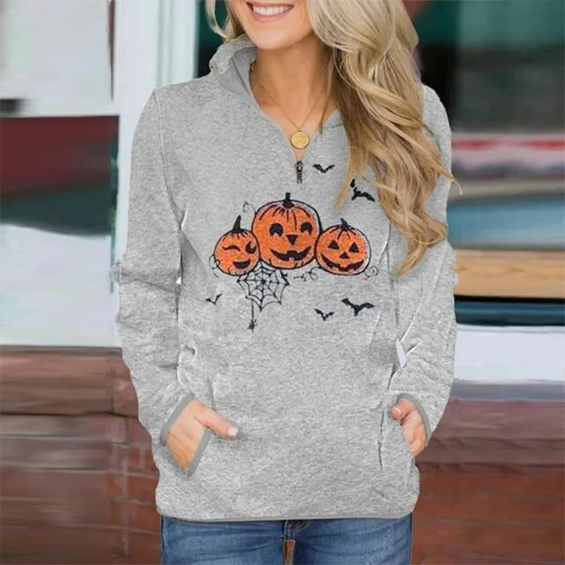 Casual Stand Collar Zip Long Sleeve Skull Print Cute Sweatshirts For Women