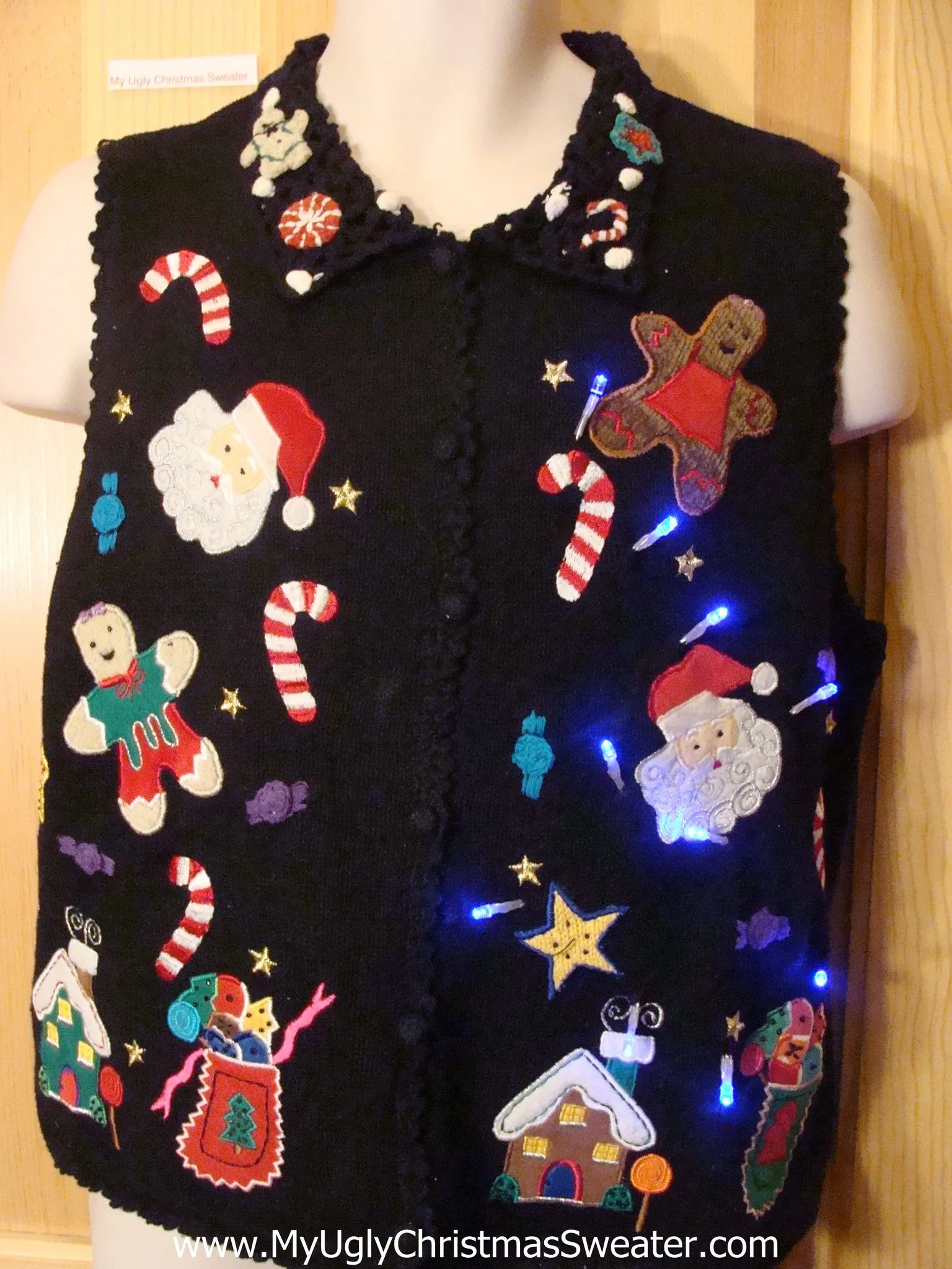 Christmas Sweater Vest with Lights Gingerbread Candycanes