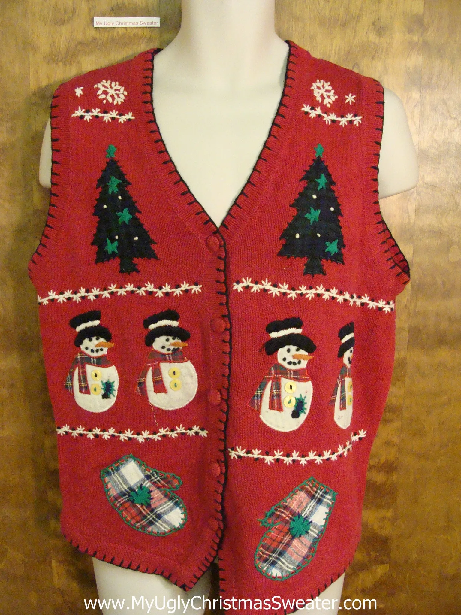 Crafty Red Ugliest Christmas Sweater Vest with Plaid Mittens