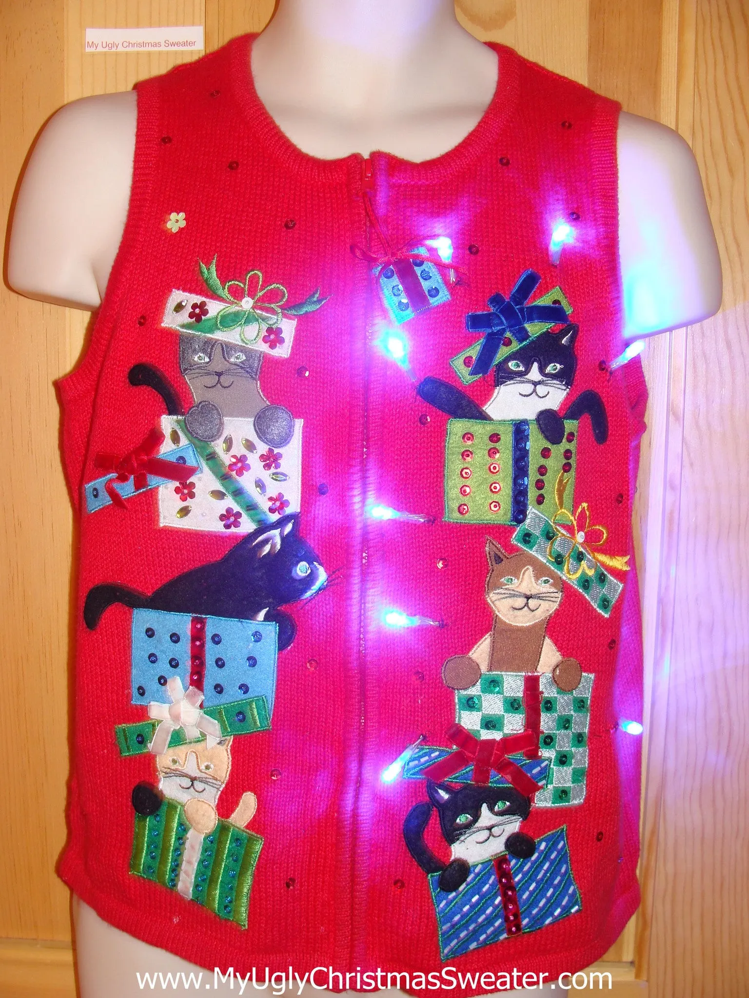 Crazy Cat Lady Tacky Xmas Sweater Vest with Lights Bling Gifts