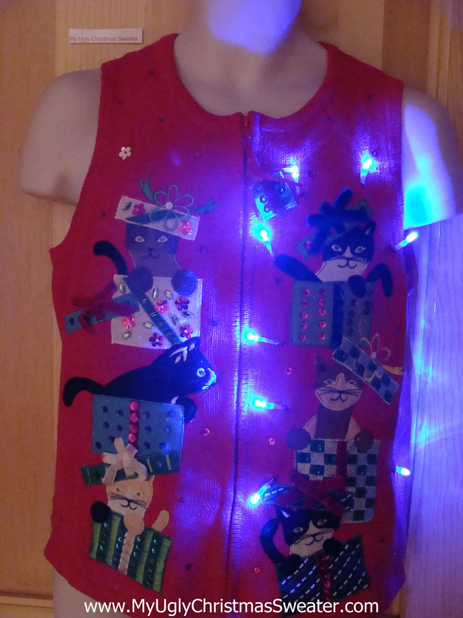 Crazy Cat Lady Tacky Xmas Sweater Vest with Lights Bling Gifts