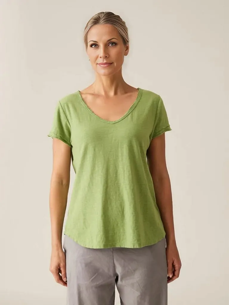 Cut Loose Linen Cotton Jersey Raw Edge V-Neck Top -Cosmo