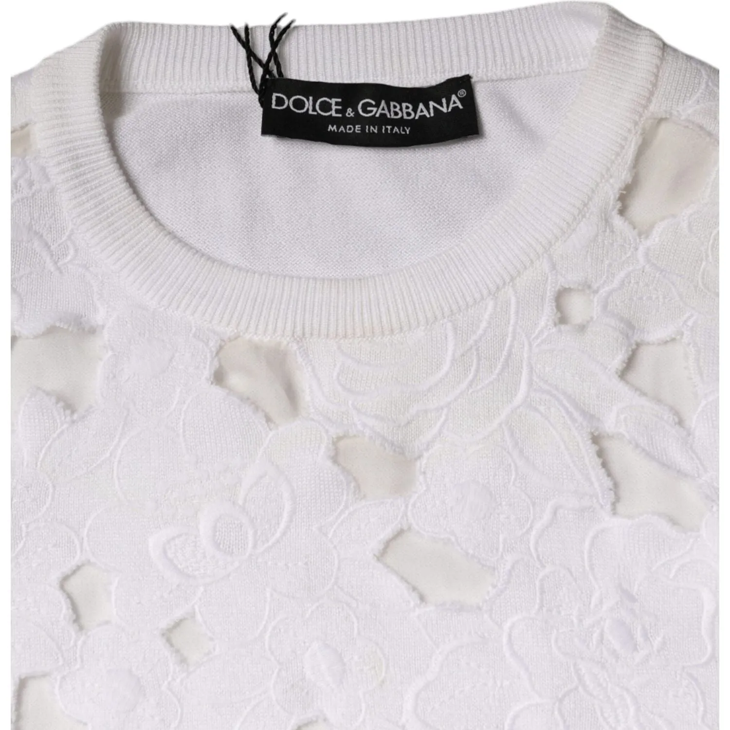 Dolce & Gabbana White Lace Cut Out Long Sleeves Pullover Sweater