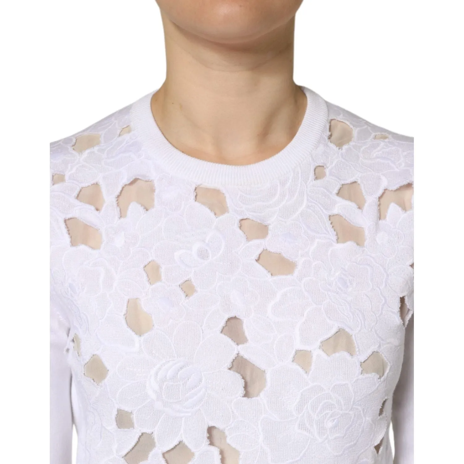 Dolce & Gabbana White Lace Cut Out Long Sleeves Pullover Sweater