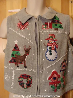 Embroidered Grid Designs Festive Christmas Sweater Vest