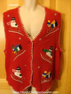 Funny Ugly Christmas Sweater Vest with Sledding Snowmen