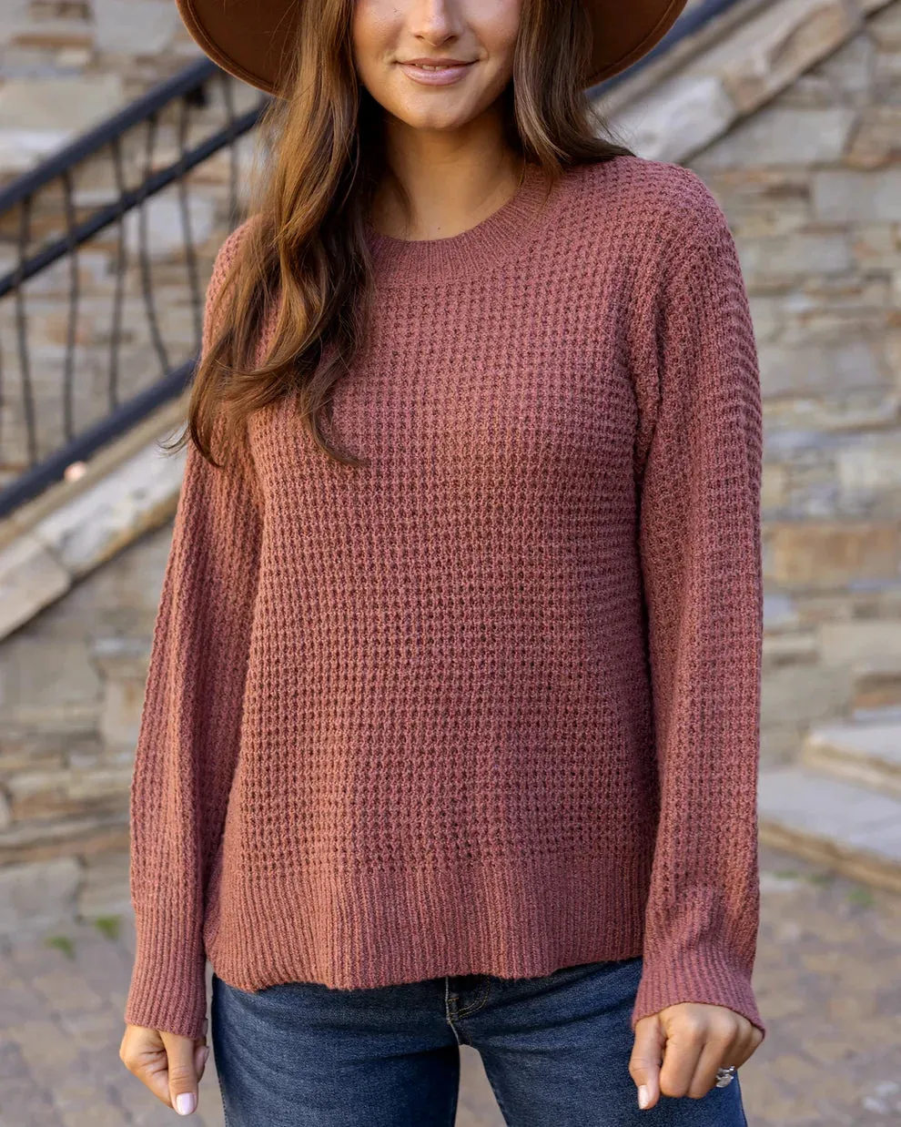 Grace & Lace Heathered Waffle Knit Sweater - Adobe