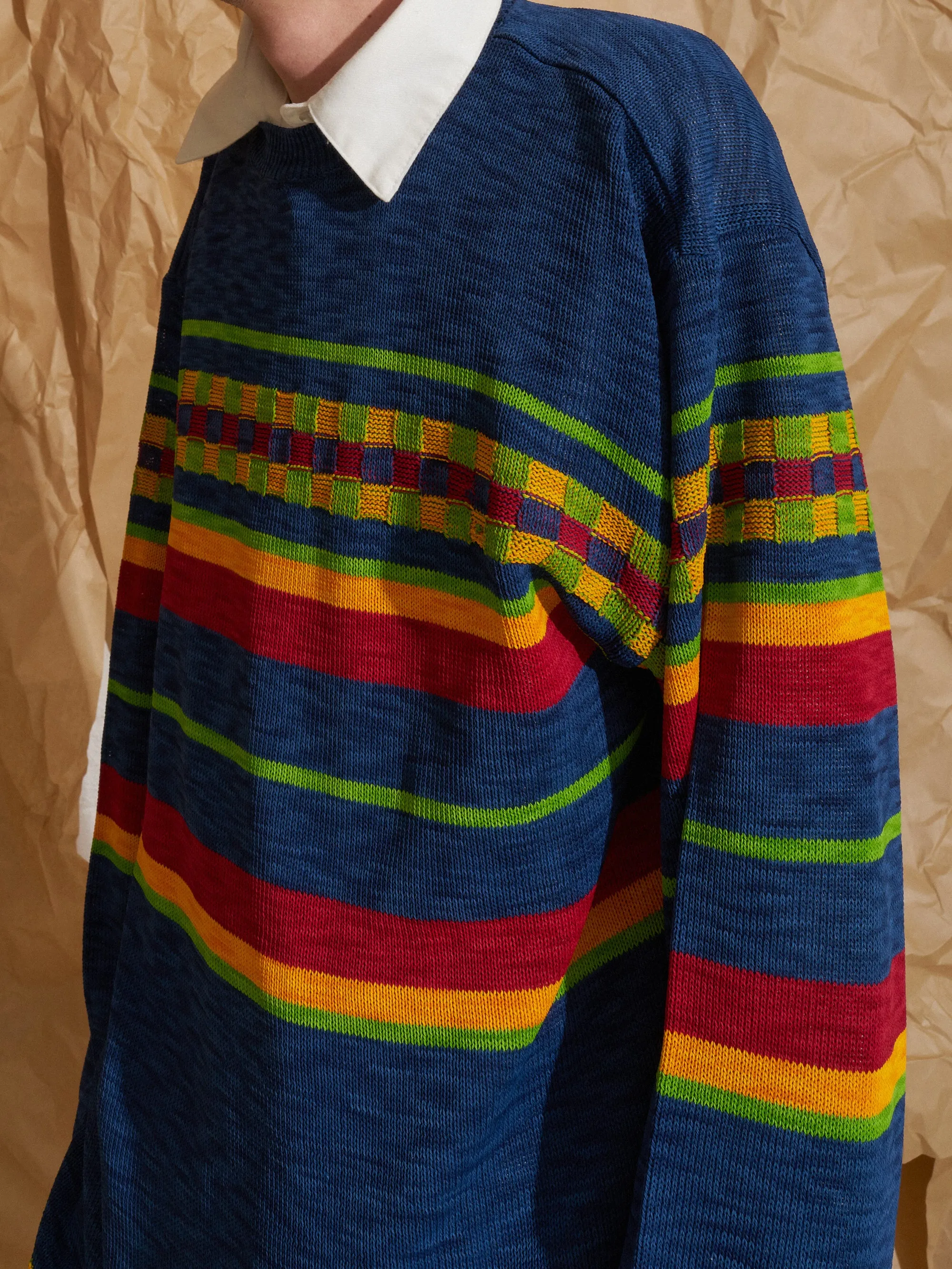 Grass Men’s 1990s blue acrylic multicolour horizontal stripe sweater - XS S M