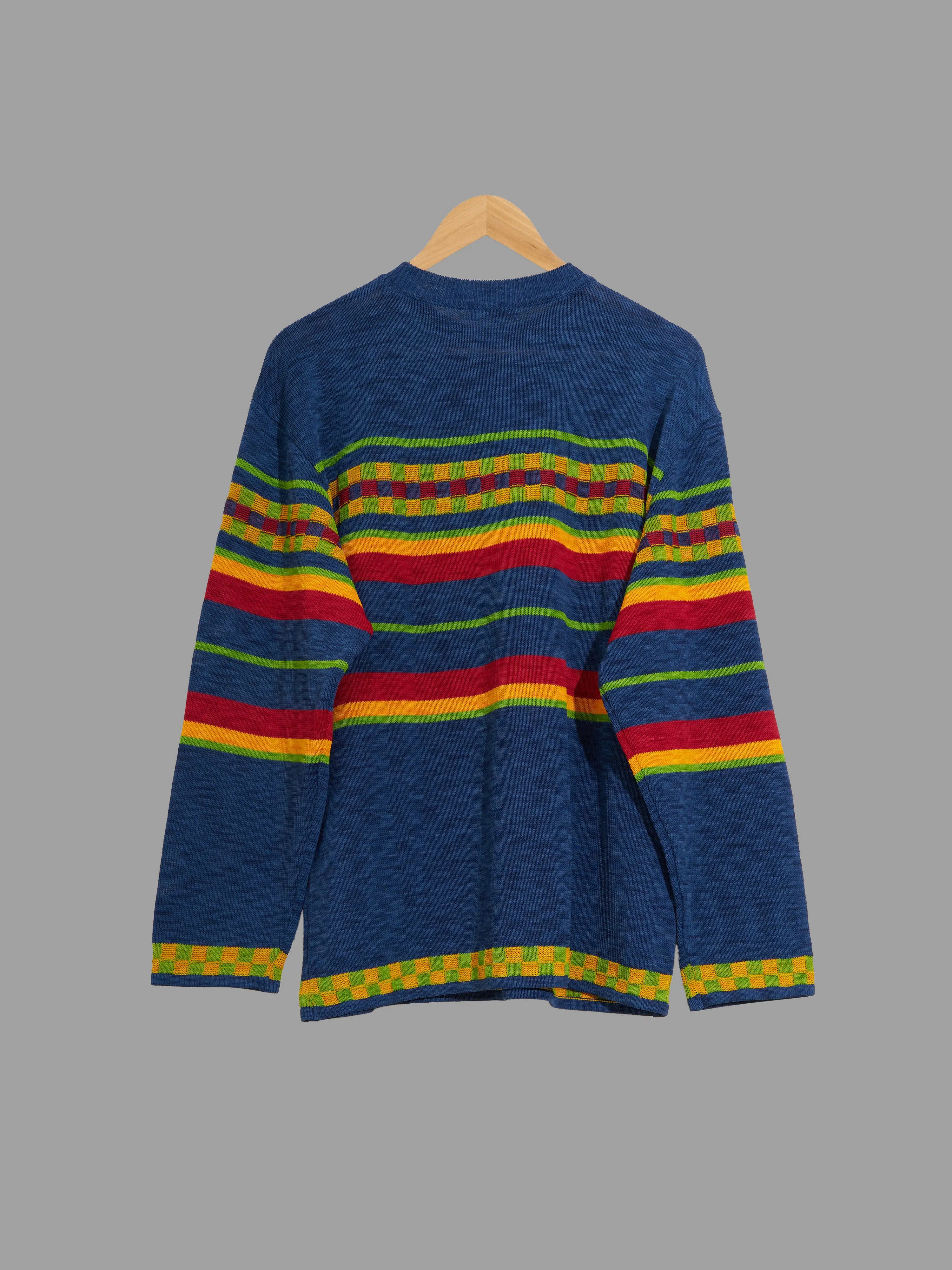 Grass Men’s 1990s blue acrylic multicolour horizontal stripe sweater - XS S M