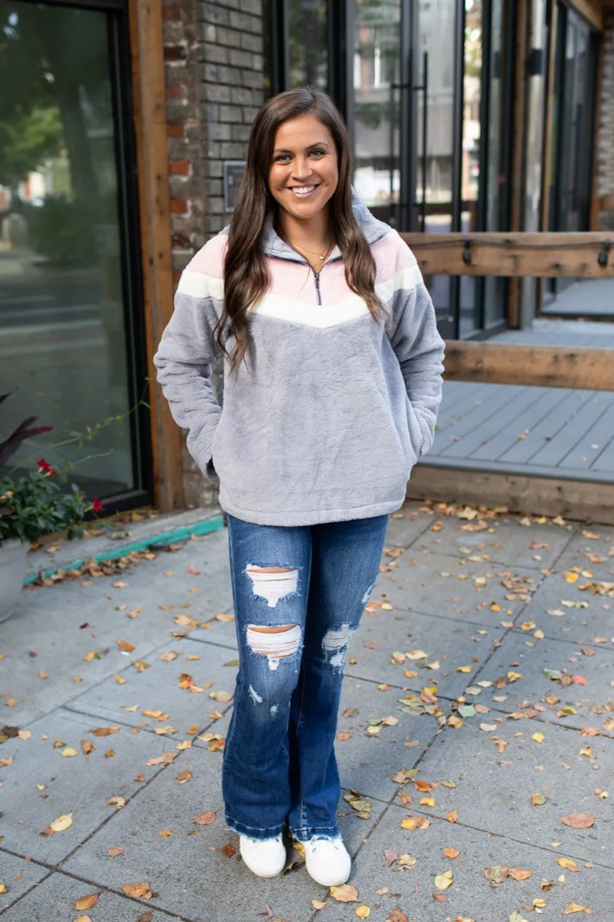 Gray Pink Cream 1/2 Zip Fleece Pullover