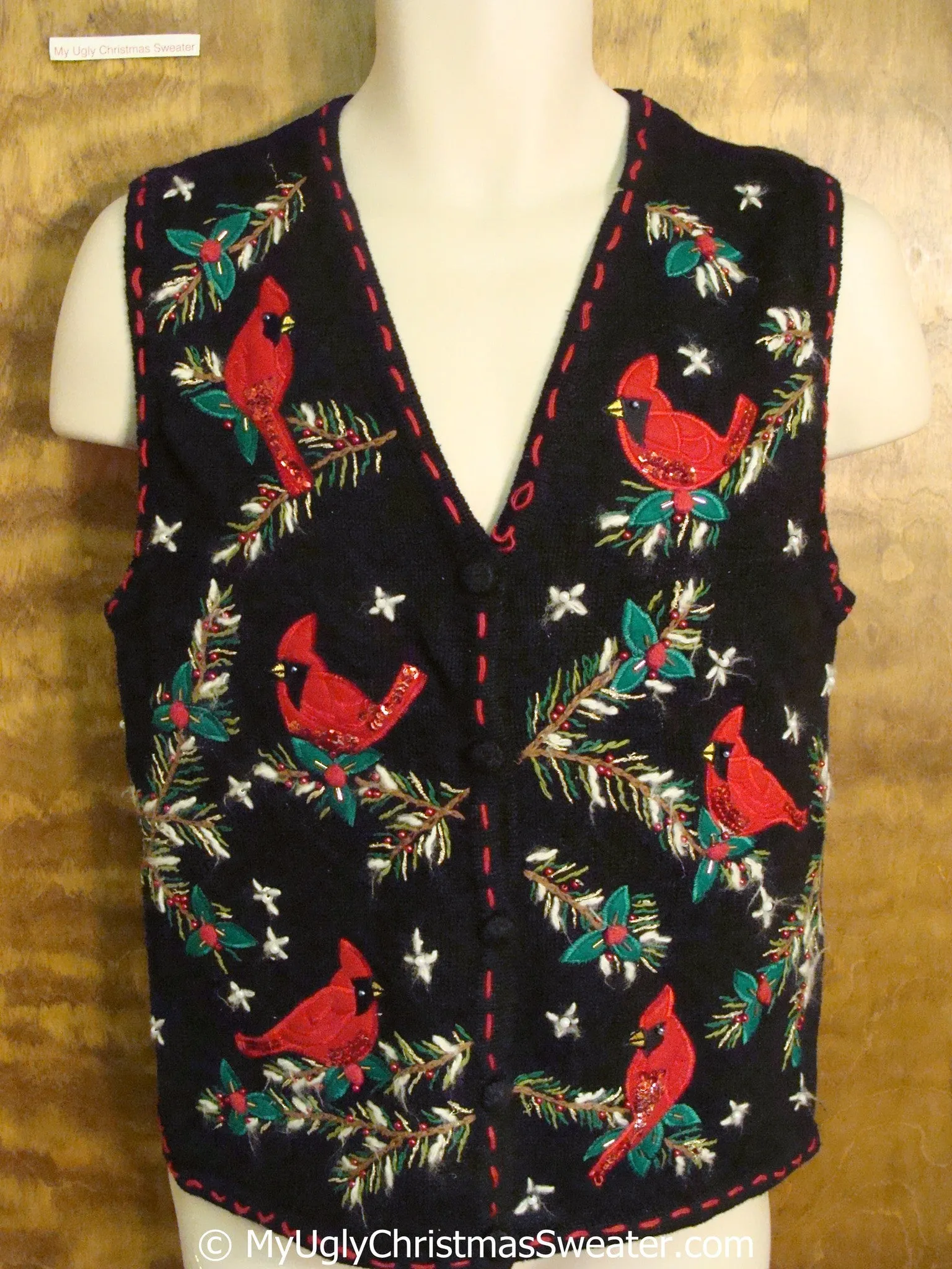 Horrible Cheap Ugly Christmas Sweater Vest with Red Cardinals