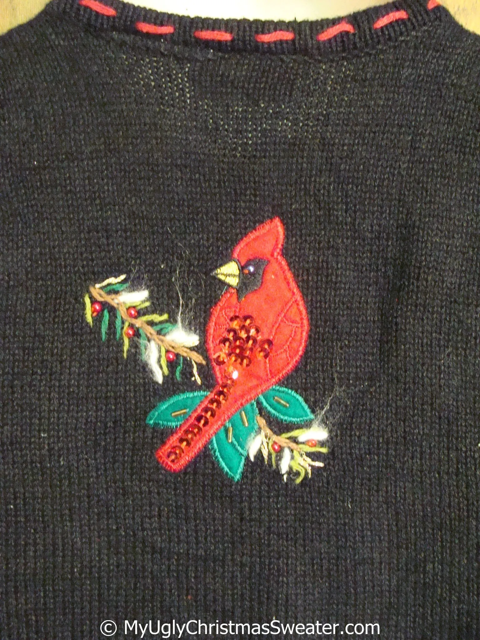 Horrible Cheap Ugly Christmas Sweater Vest with Red Cardinals