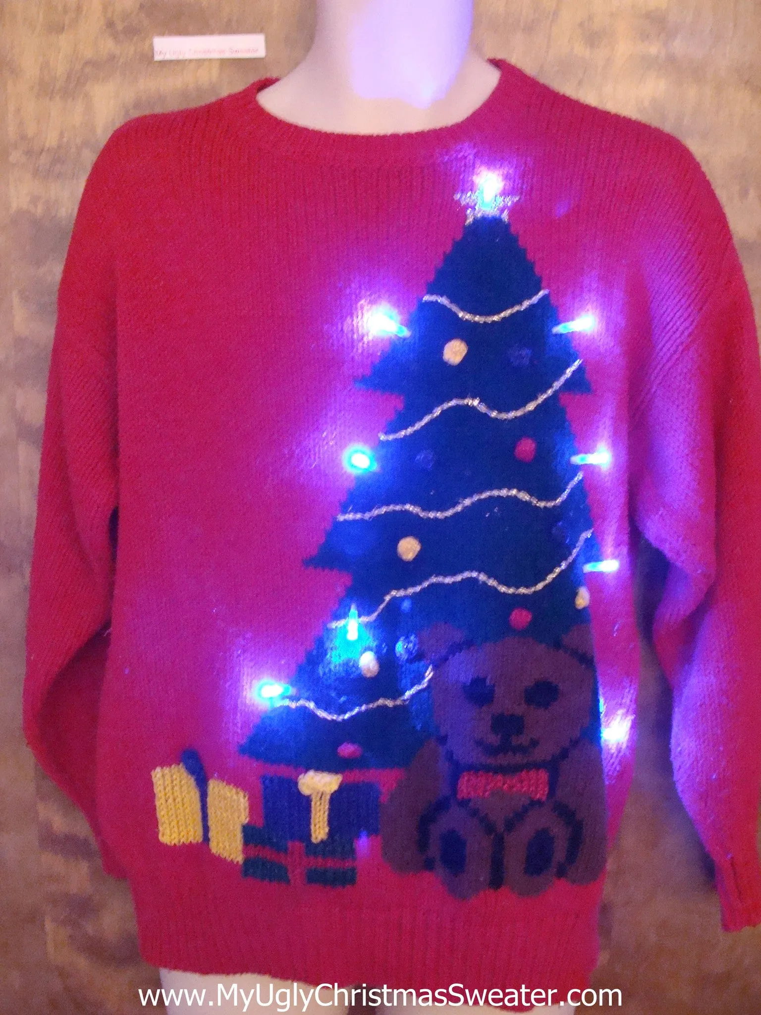 Huge Tree and Teddy Bear Light Up Ugly Xmas Sweater