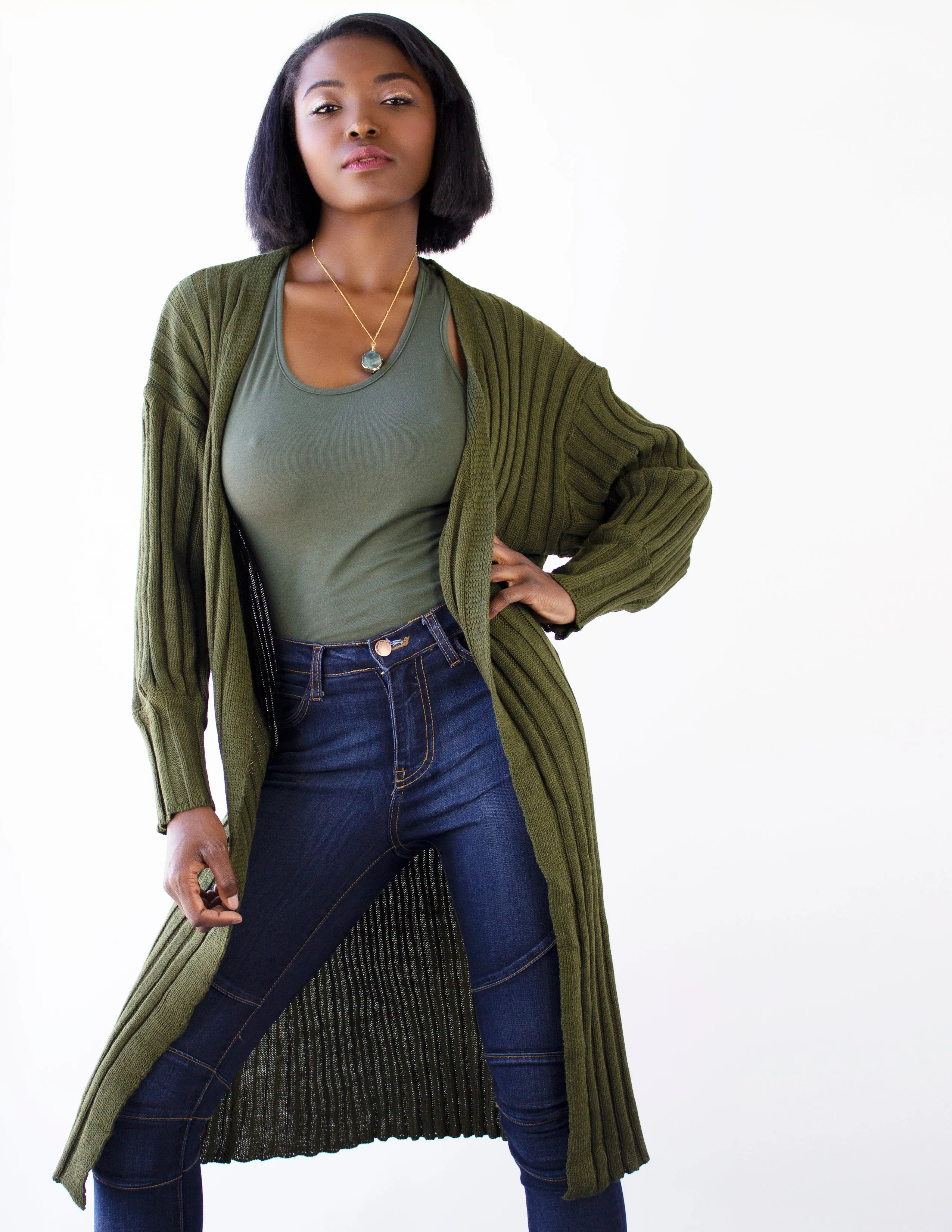 INCENSE  LONG CARDIGAN- OLIVE