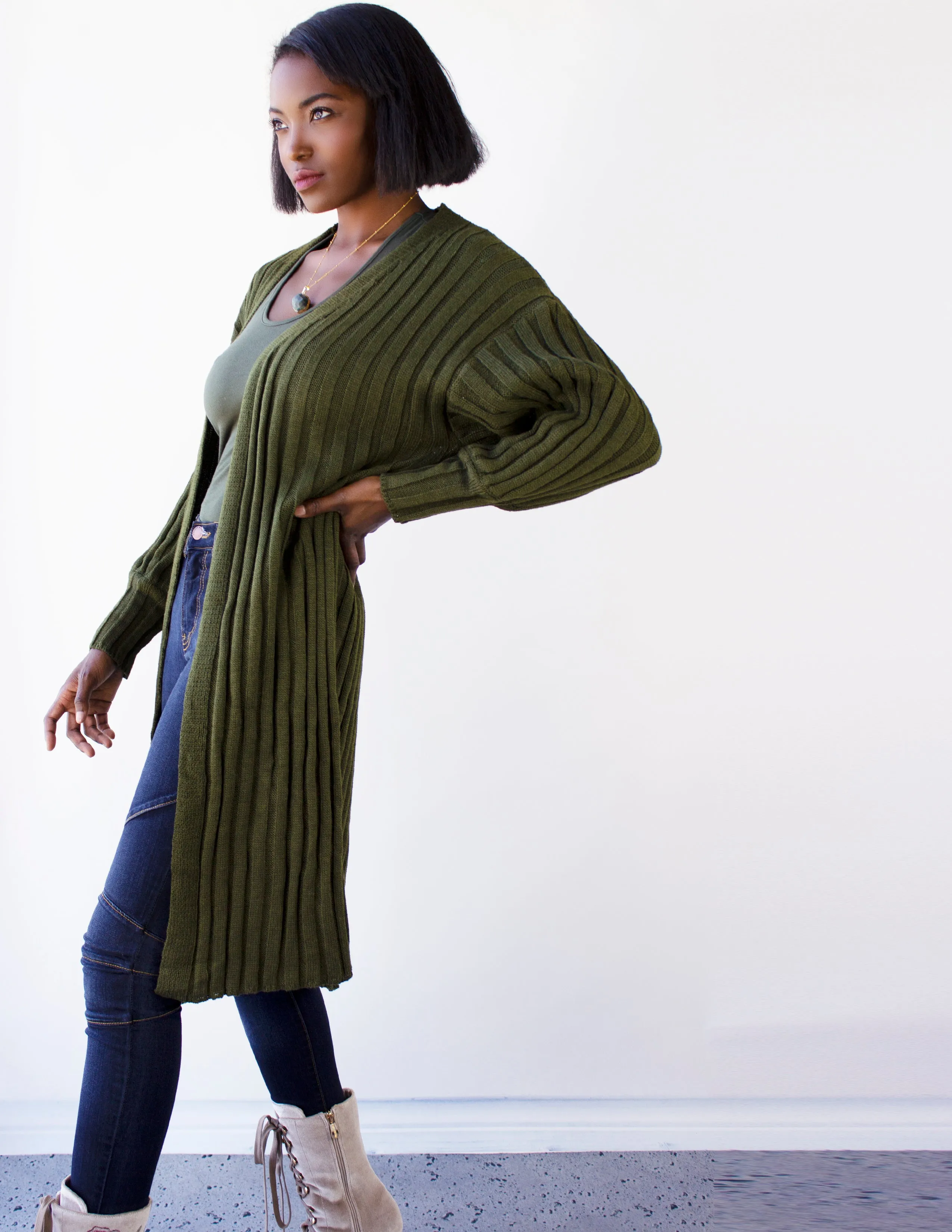 INCENSE  LONG CARDIGAN- OLIVE