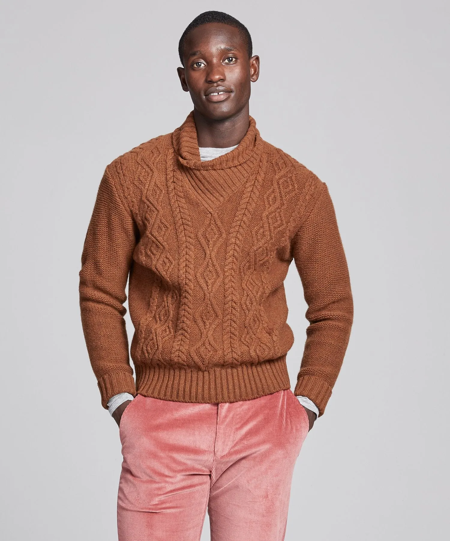 Inis Meain Bracken Shawl Collar Wool Sweater in Rust