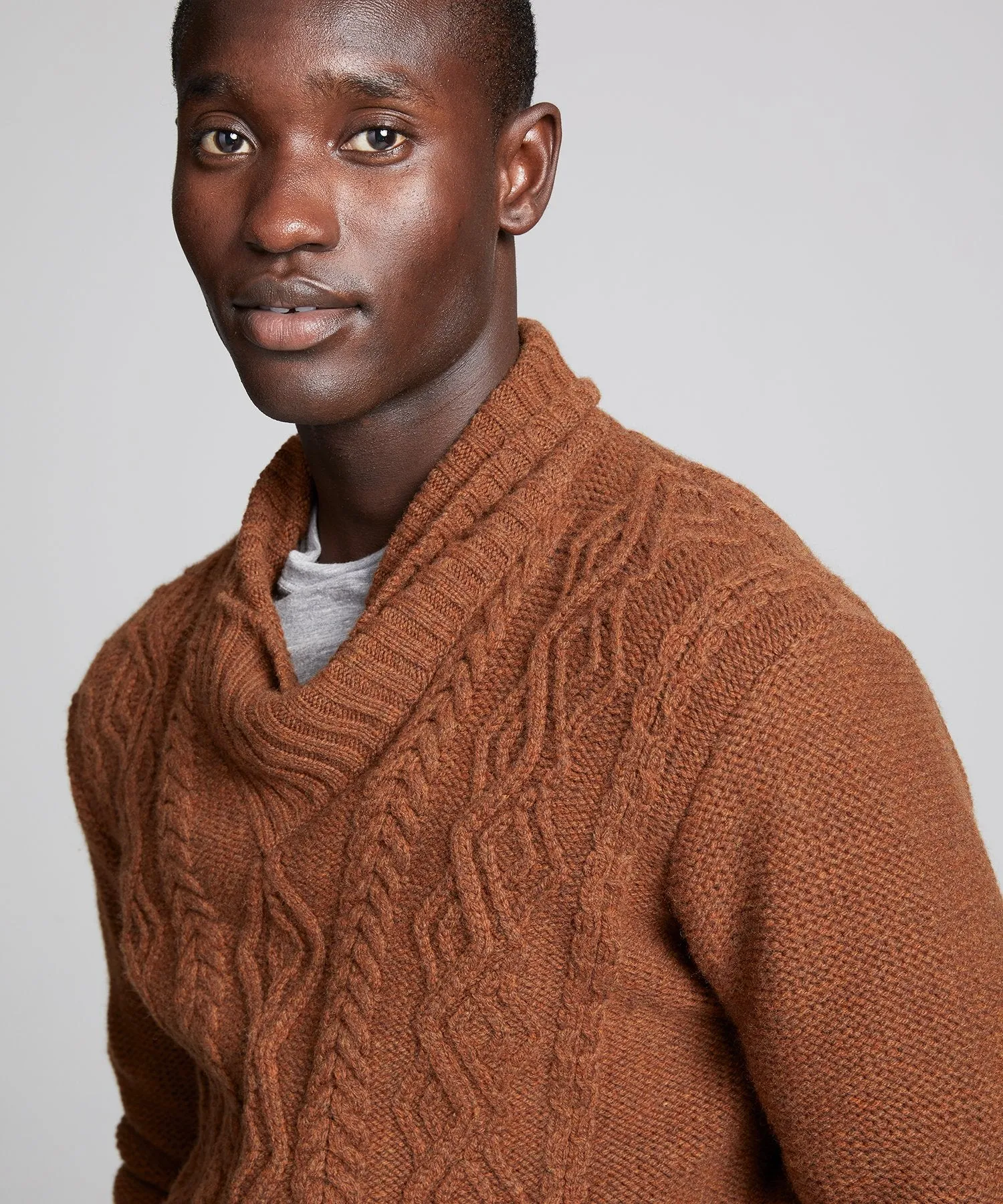 Inis Meain Bracken Shawl Collar Wool Sweater in Rust