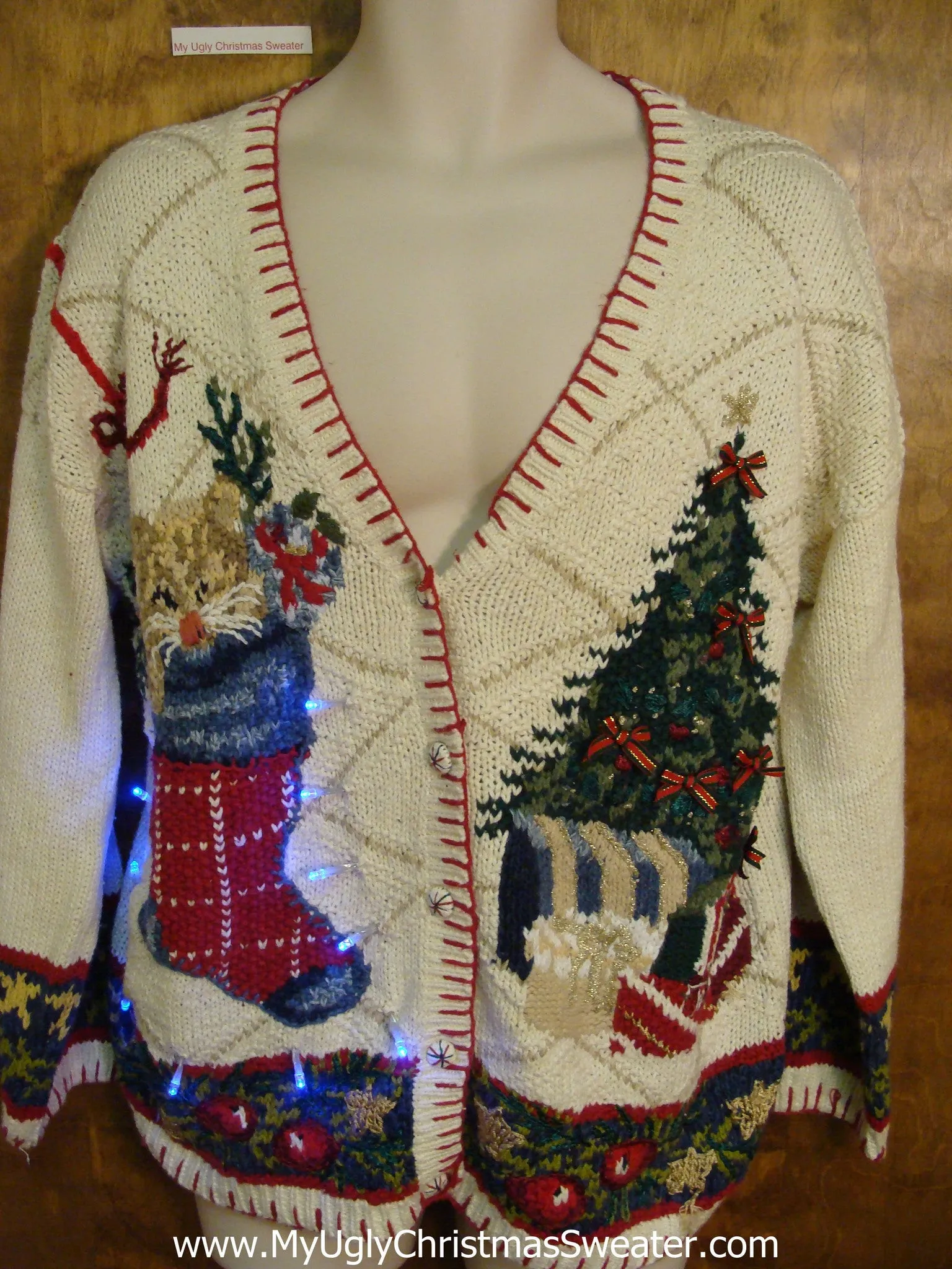 Ivory Knit with Stocking and Tree Tacky Xmas Sweater with Lights