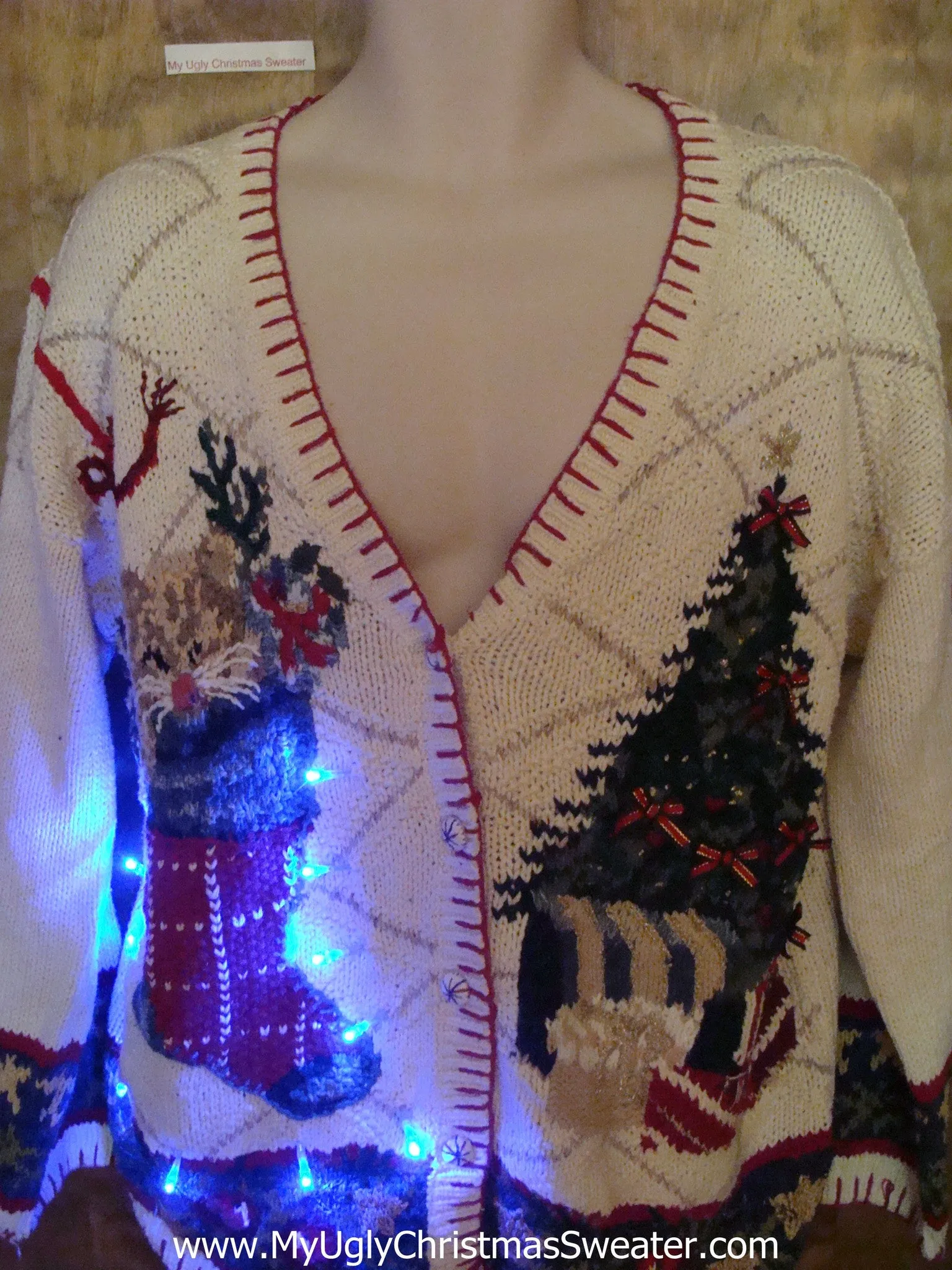 Ivory Knit with Stocking and Tree Tacky Xmas Sweater with Lights