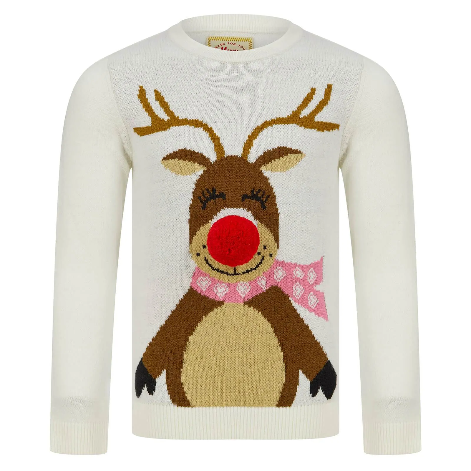 Kids Happy Reindeer Christmas Jumper Red Pom Pom Nose