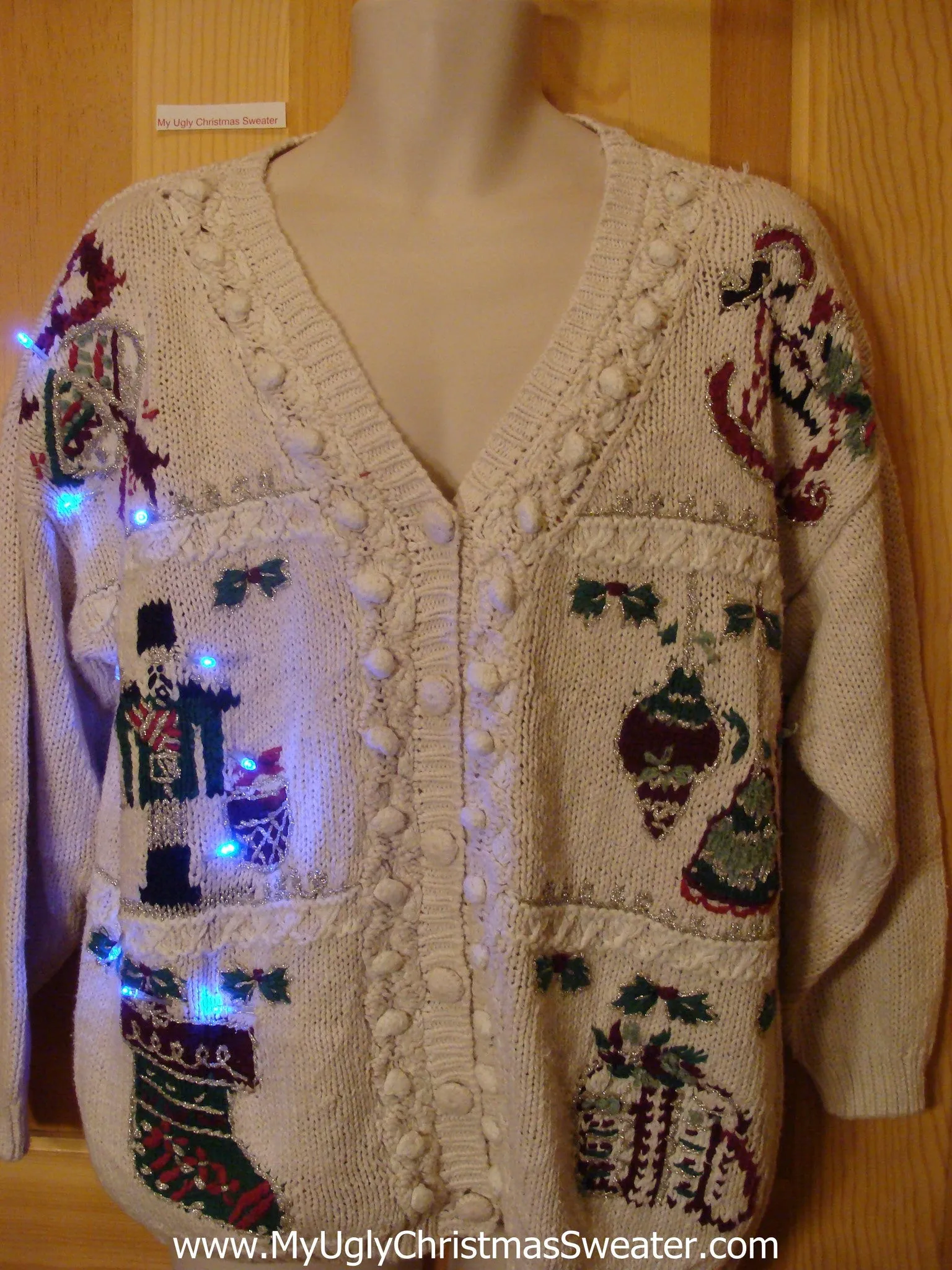 Light Up 80s Ugly Xmas Sweater Cardigan with Nutcracker