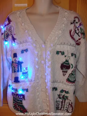 Light Up 80s Ugly Xmas Sweater Cardigan with Nutcracker