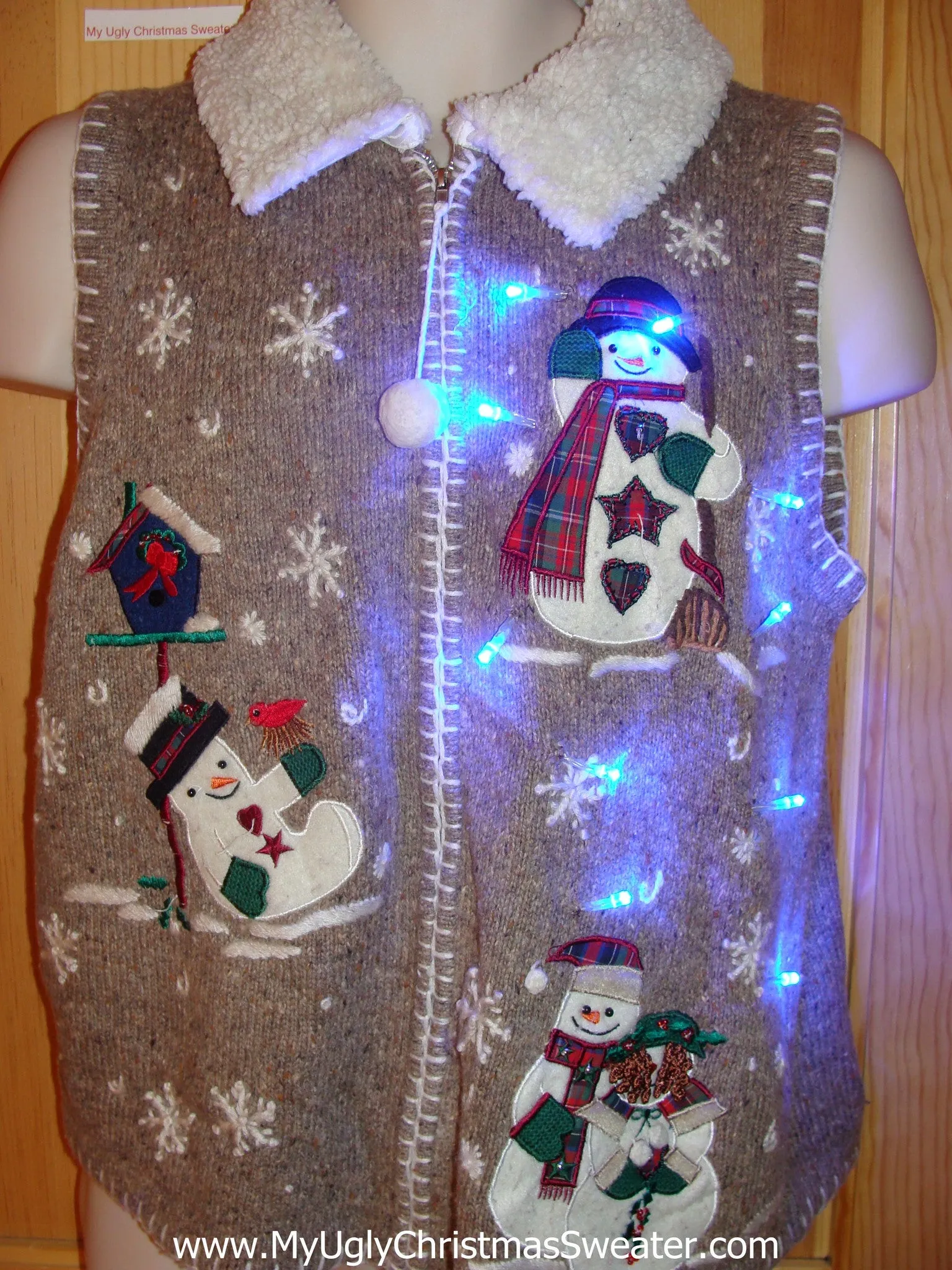 Light Up Brown Christmas Sweater Vest Playing Snowmen