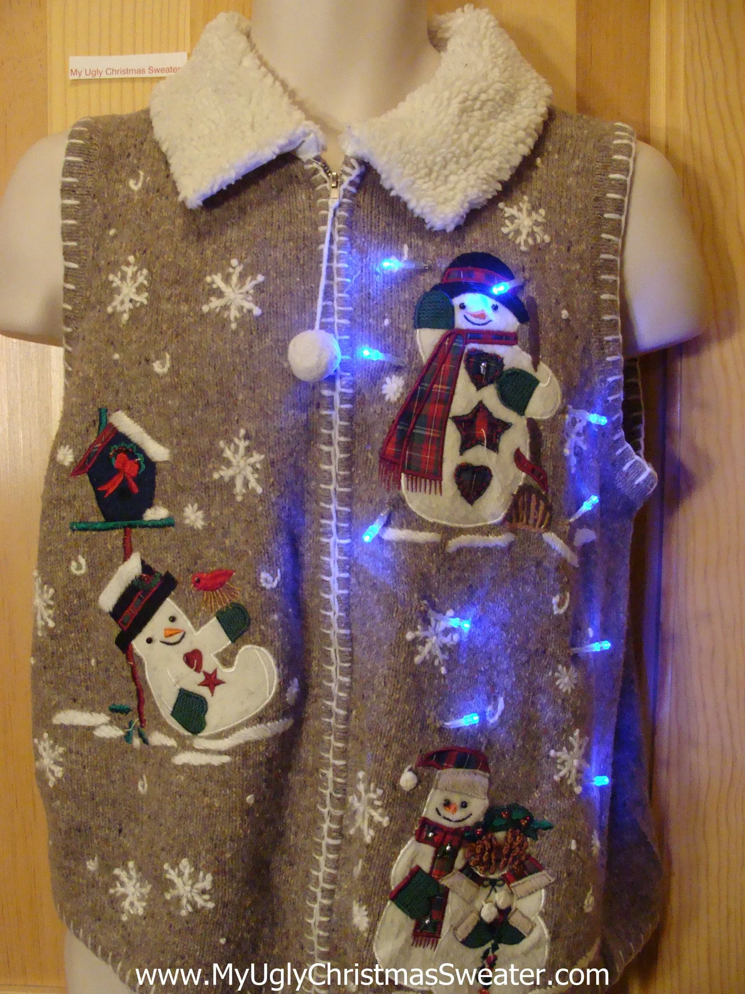 Light Up Brown Christmas Sweater Vest Playing Snowmen