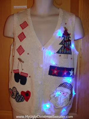 Light Up Christmas Sweater Best with Plaid Tree