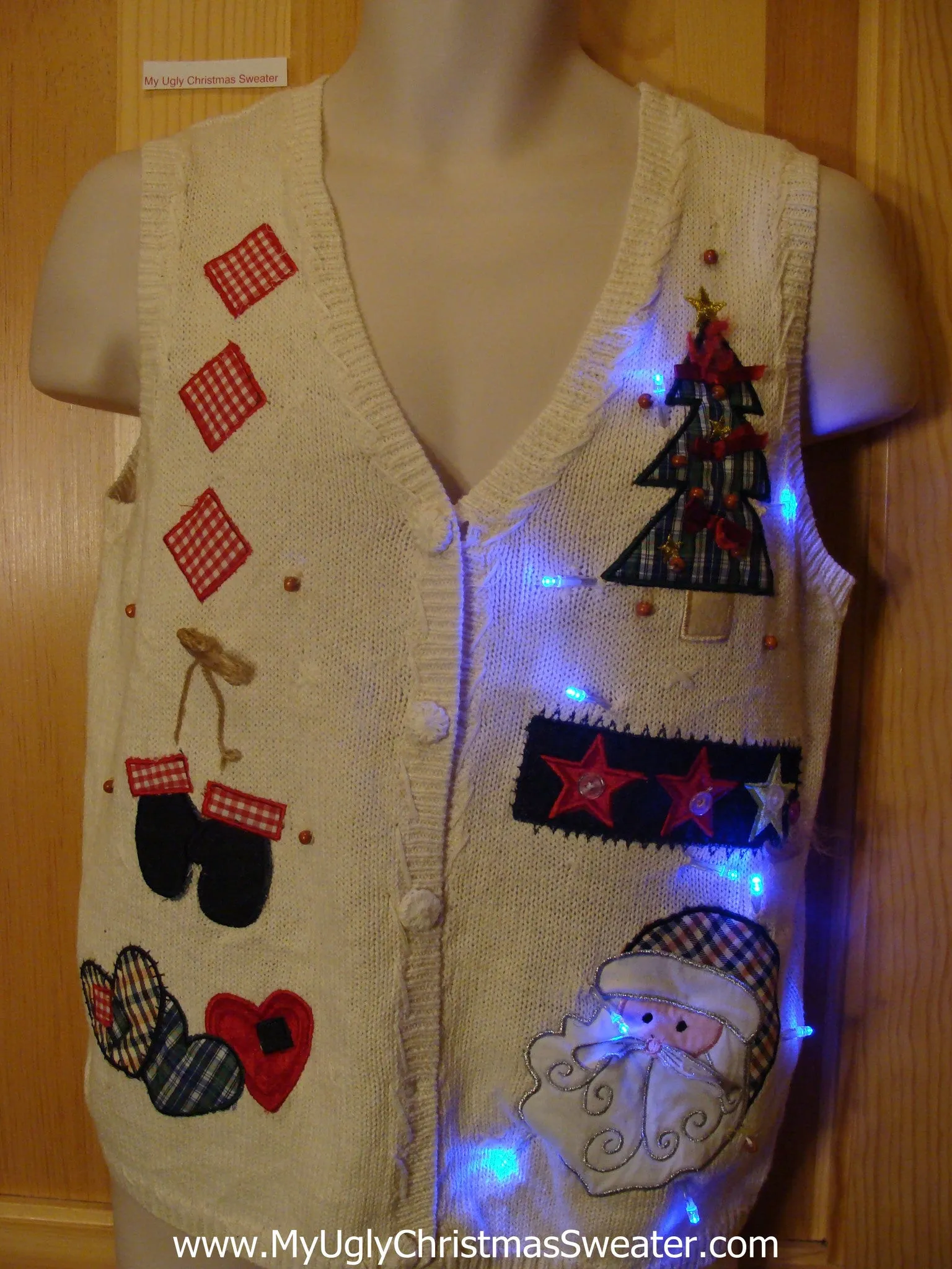 Light Up Christmas Sweater Best with Plaid Tree