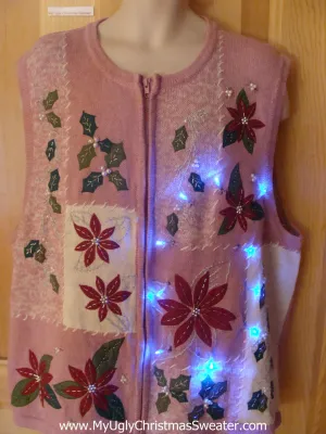 Light Up Pink Ugly Xmas Sweater Vest with Poinsettias