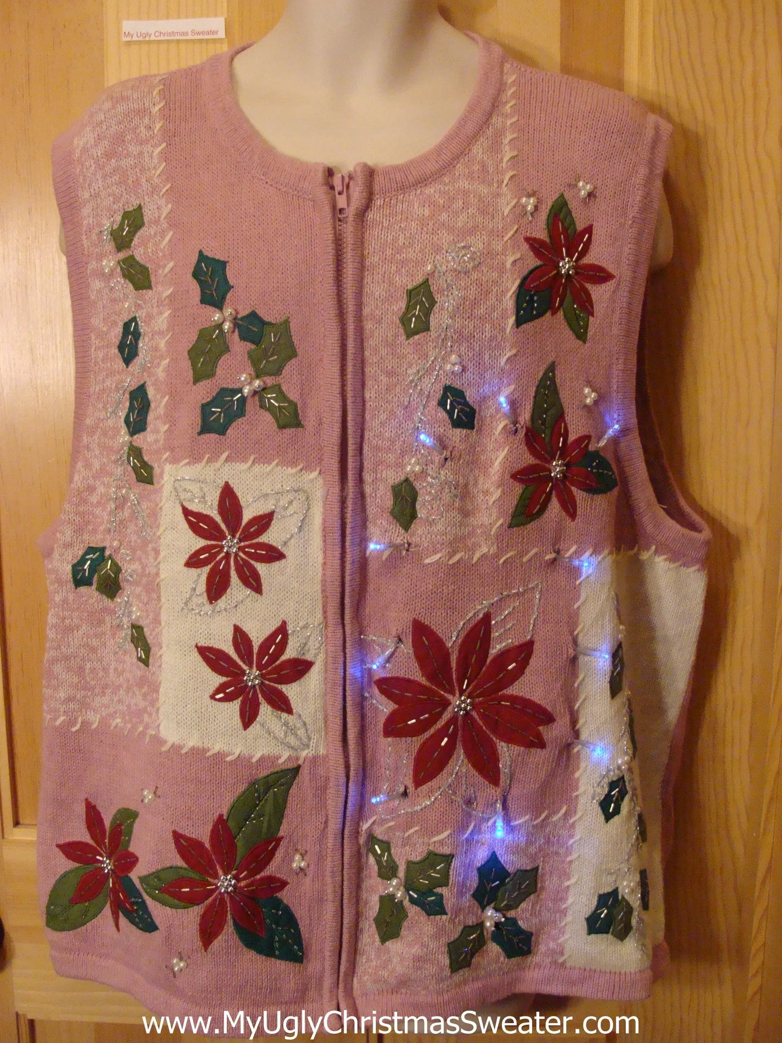 Light Up Pink Ugly Xmas Sweater Vest with Poinsettias