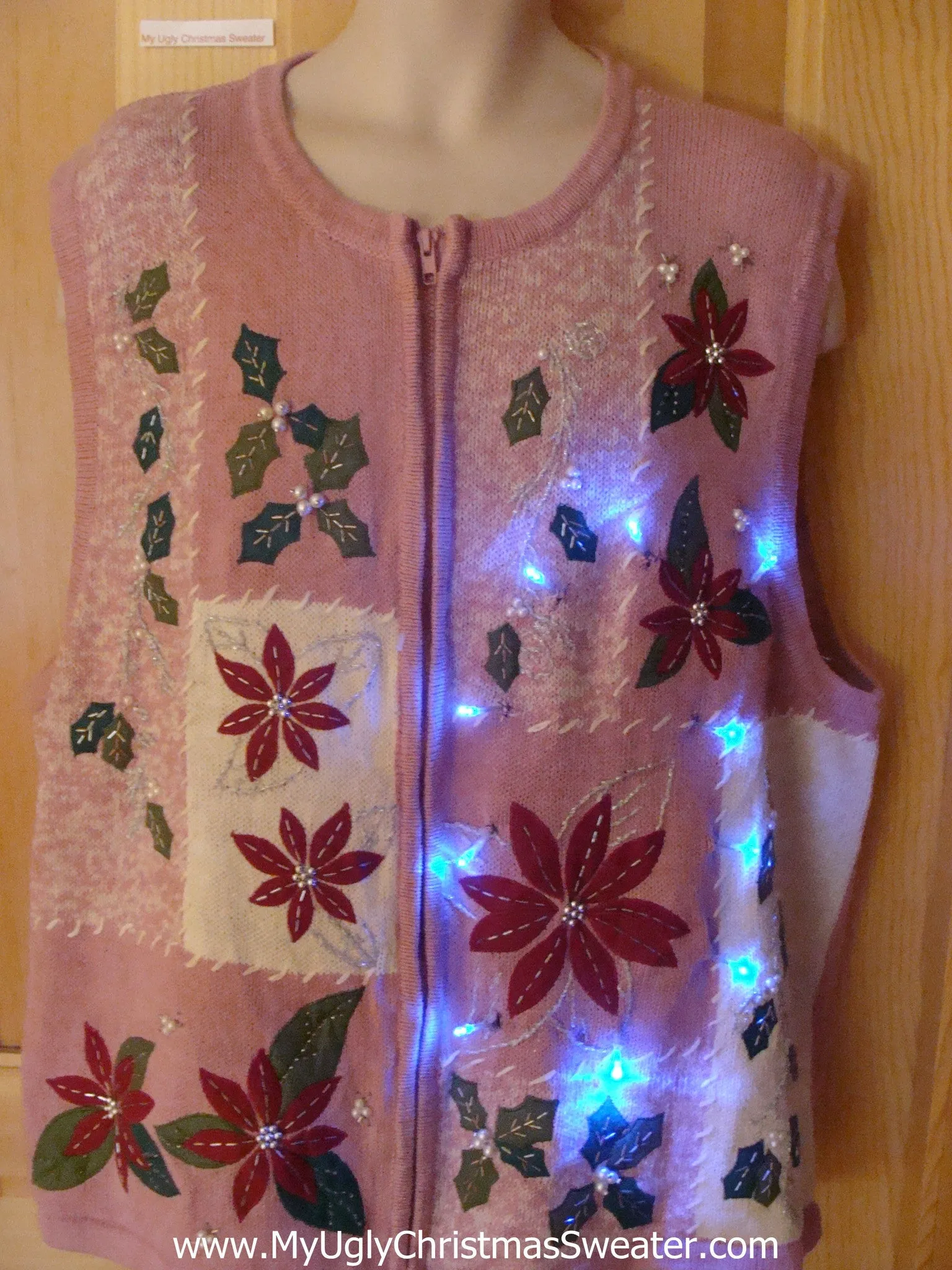 Light Up Pink Ugly Xmas Sweater Vest with Poinsettias