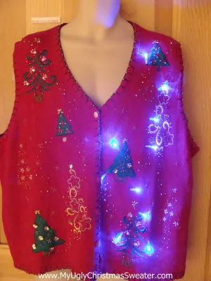 Light Up Ugly Xmas Sweater Vest with Bling Trees