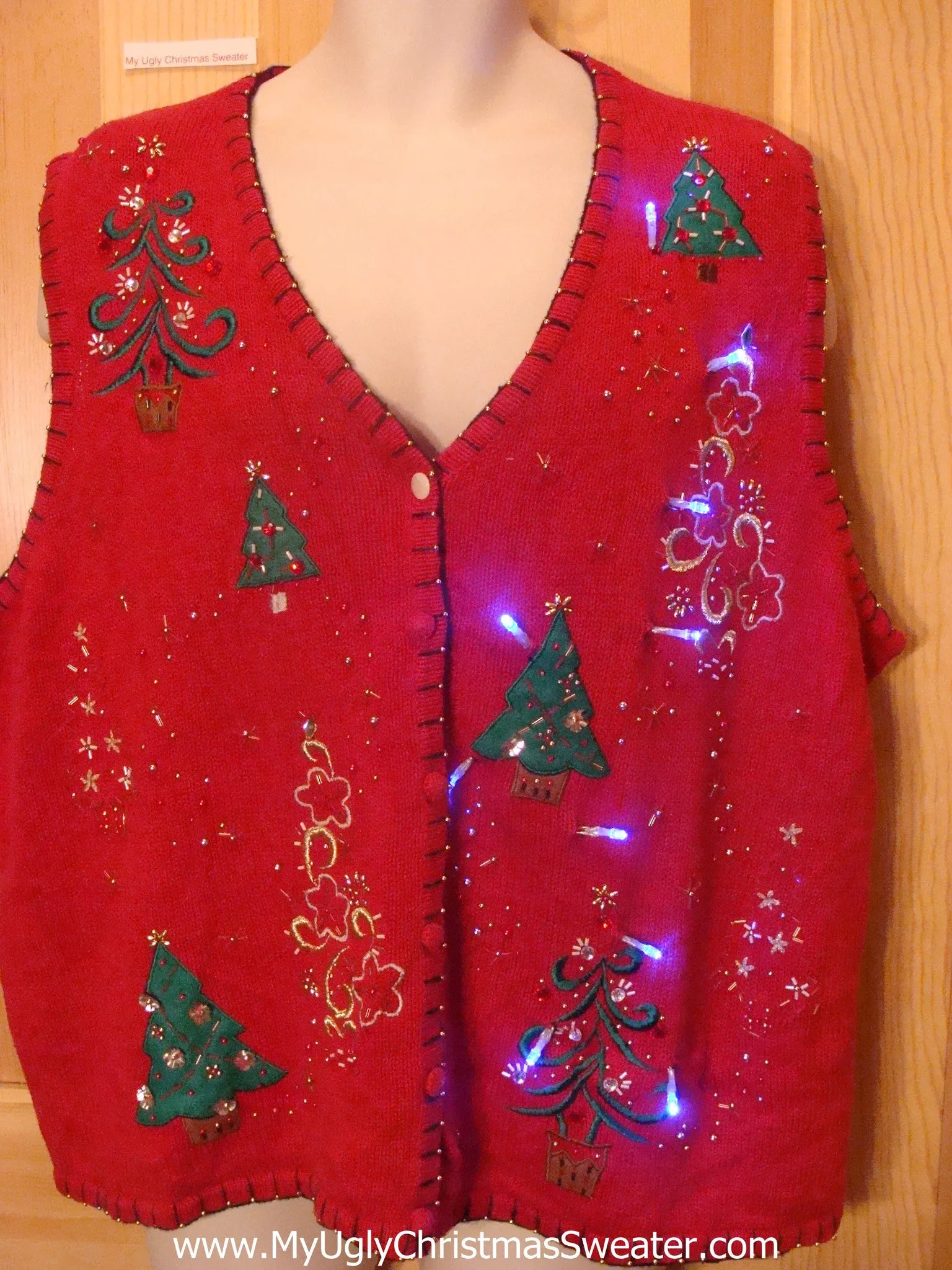 Light Up Ugly Xmas Sweater Vest with Bling Trees