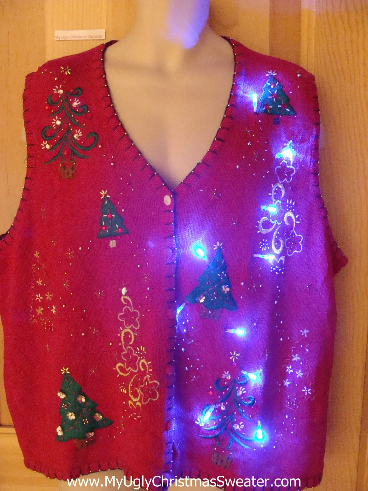 Light Up Ugly Xmas Sweater Vest with Bling Trees